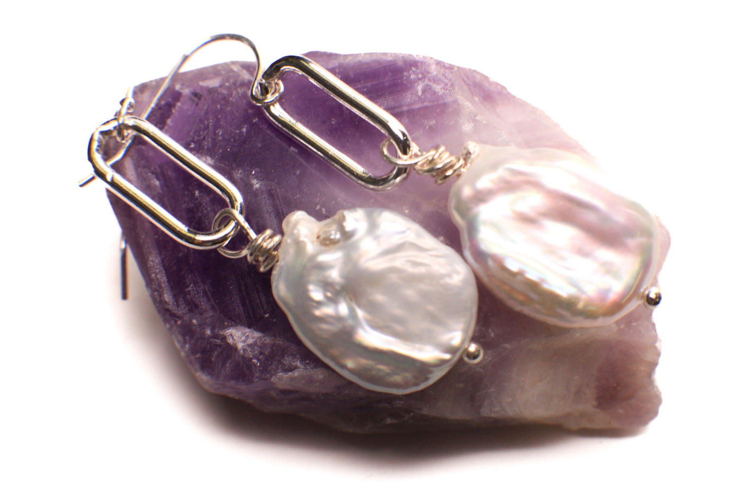 Natural Freshwater Coin Pearl 18mm large size Dangling Paper Clip Link 925 Sterling Silver Earrings