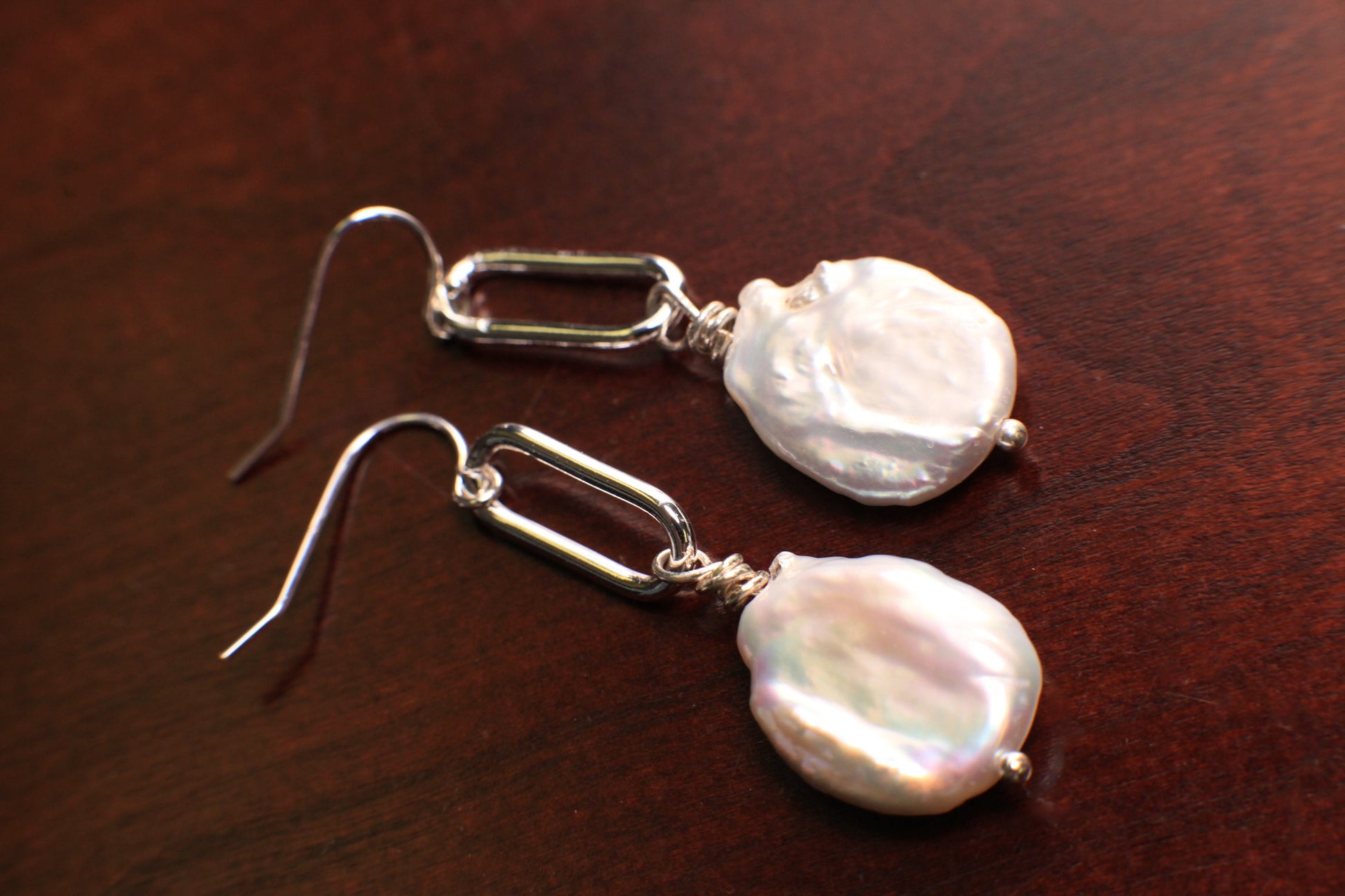 Natural Freshwater Coin Pearl 18mm large size Dangling Paper Clip Link 925 Sterling Silver Earrings