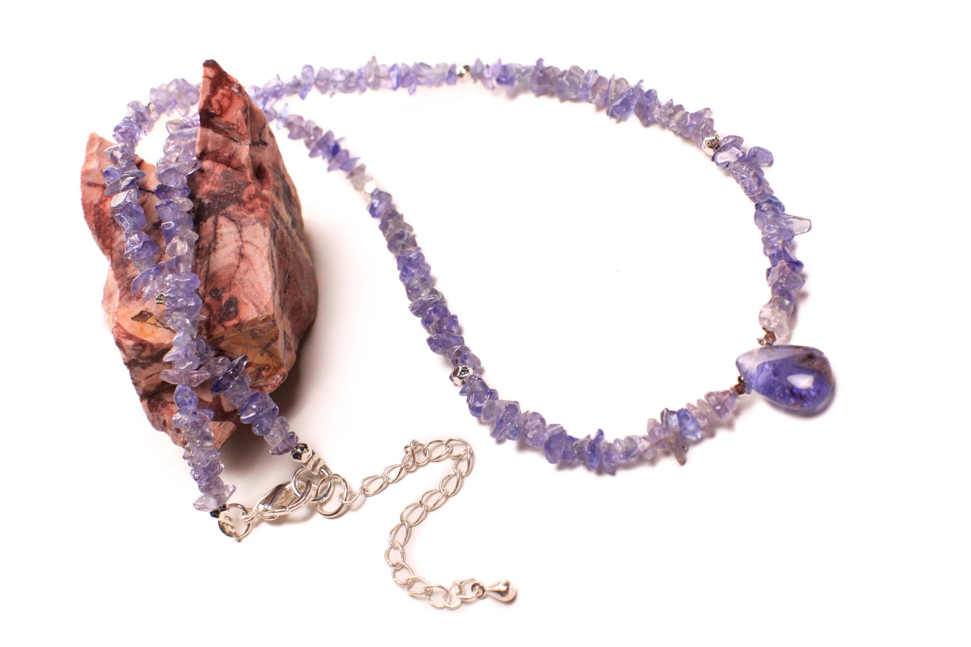 Natural Tanzanite Raw Chips with Tanzanite Teardrop Charm Necklace with 2" Extension Chain