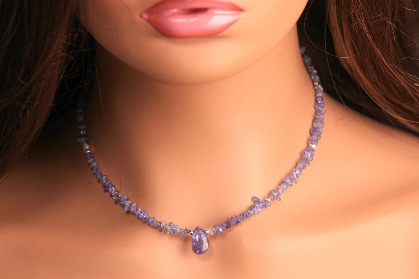 Natural Tanzanite Raw Chips with Tanzanite Teardrop Charm Necklace with 2" Extension Chain