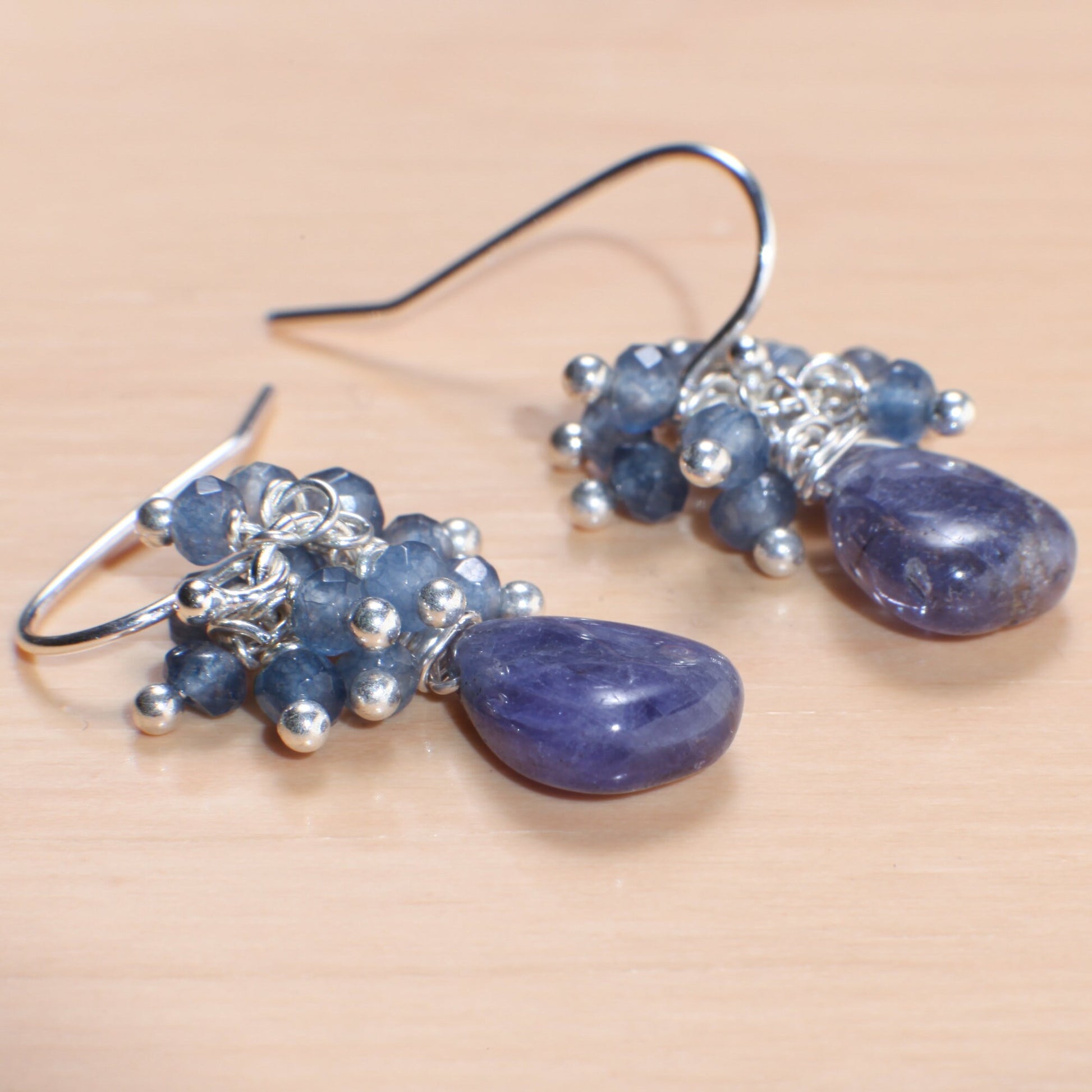 925 Sterling Silver Tanzanite Clusters and Dangling Teardrop Earrings. Optional in Leverback, also available in 14 Gold Filled