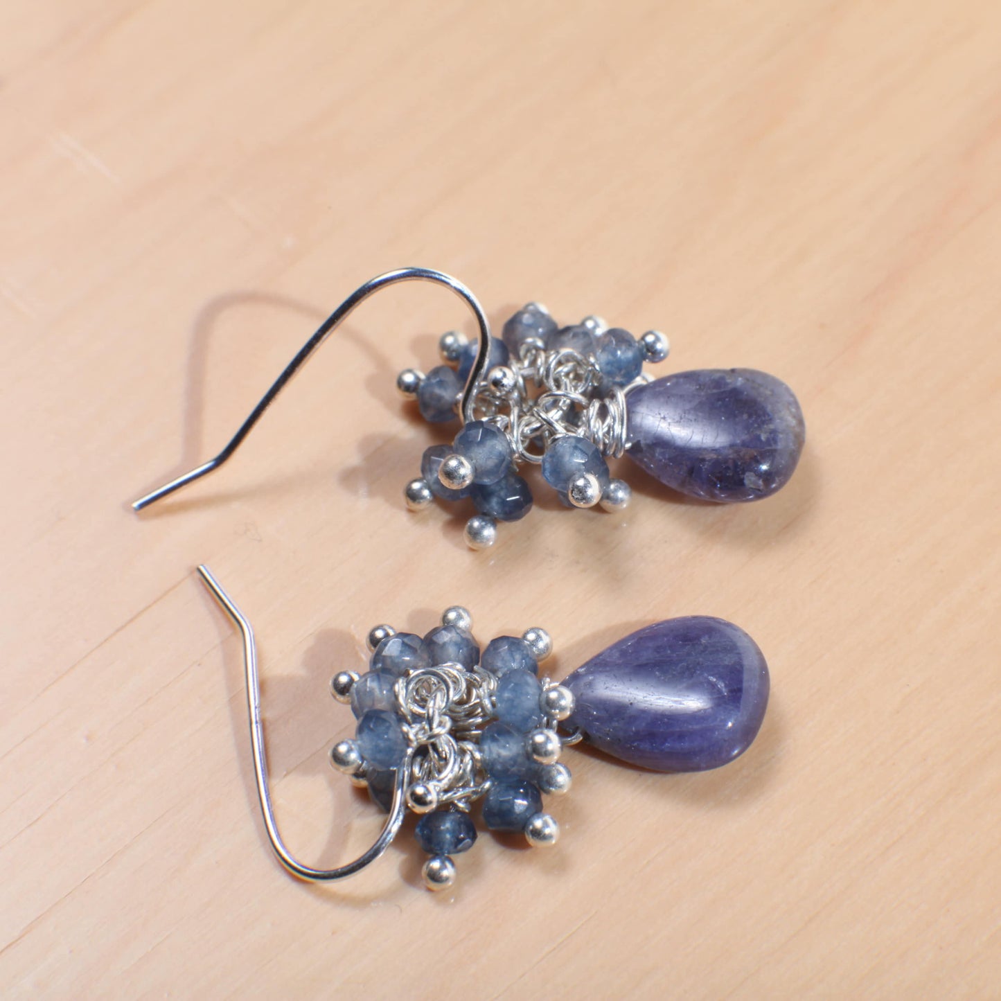 925 Sterling Silver Tanzanite Clusters and Dangling Teardrop Earrings. Optional in Leverback, also available in 14 Gold Filled