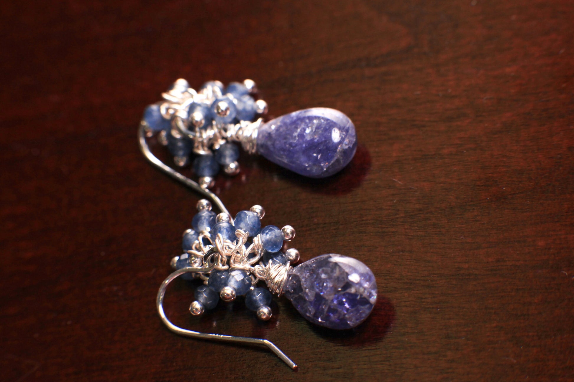 925 Sterling Silver Tanzanite Clusters and Dangling Teardrop Earrings. Optional in Leverback, also available in 14 Gold Filled