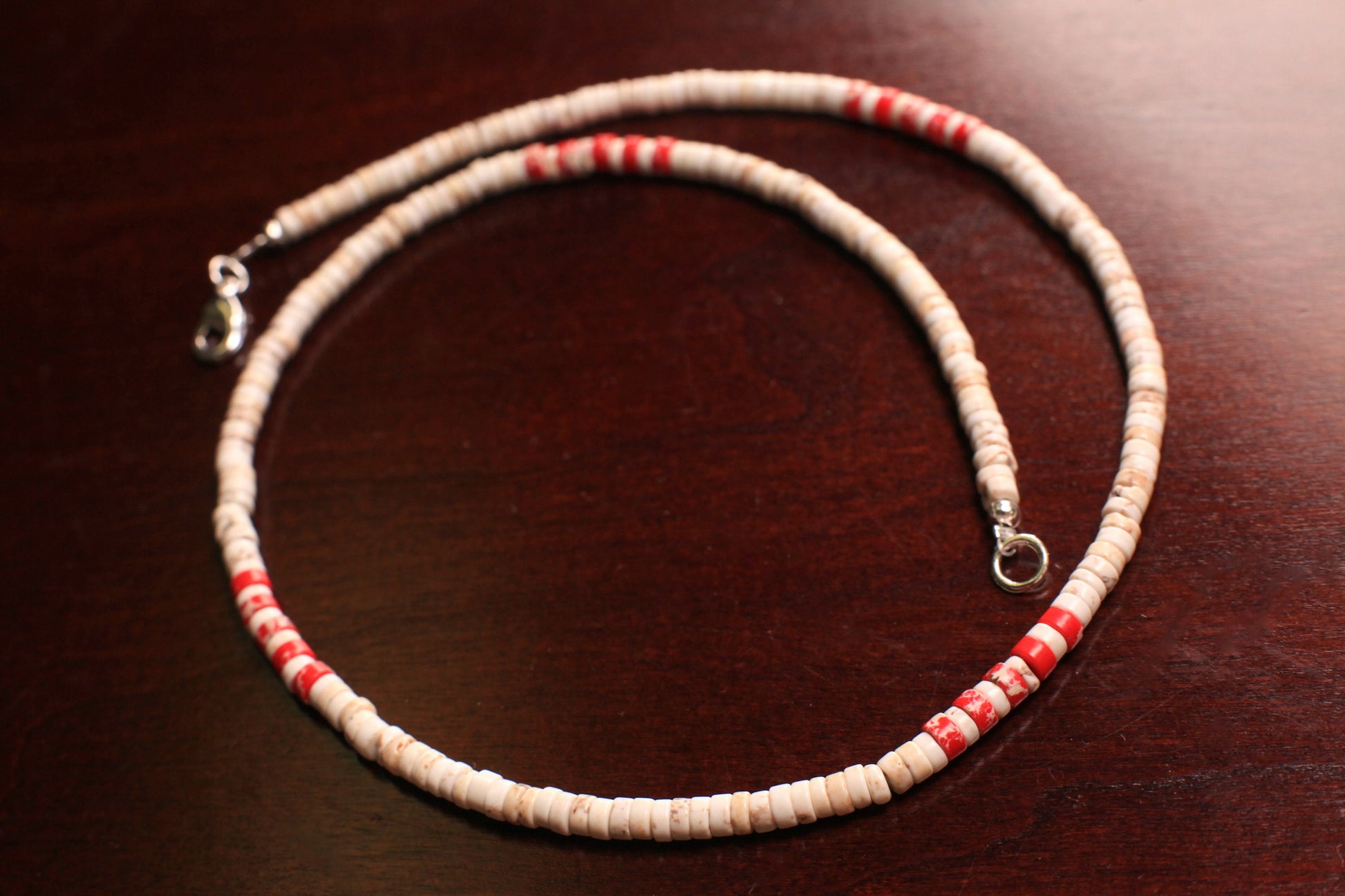 White Turquoise 4mm Heishi with Red impression jasper spacer Silver Necklace, for Man and Woman.