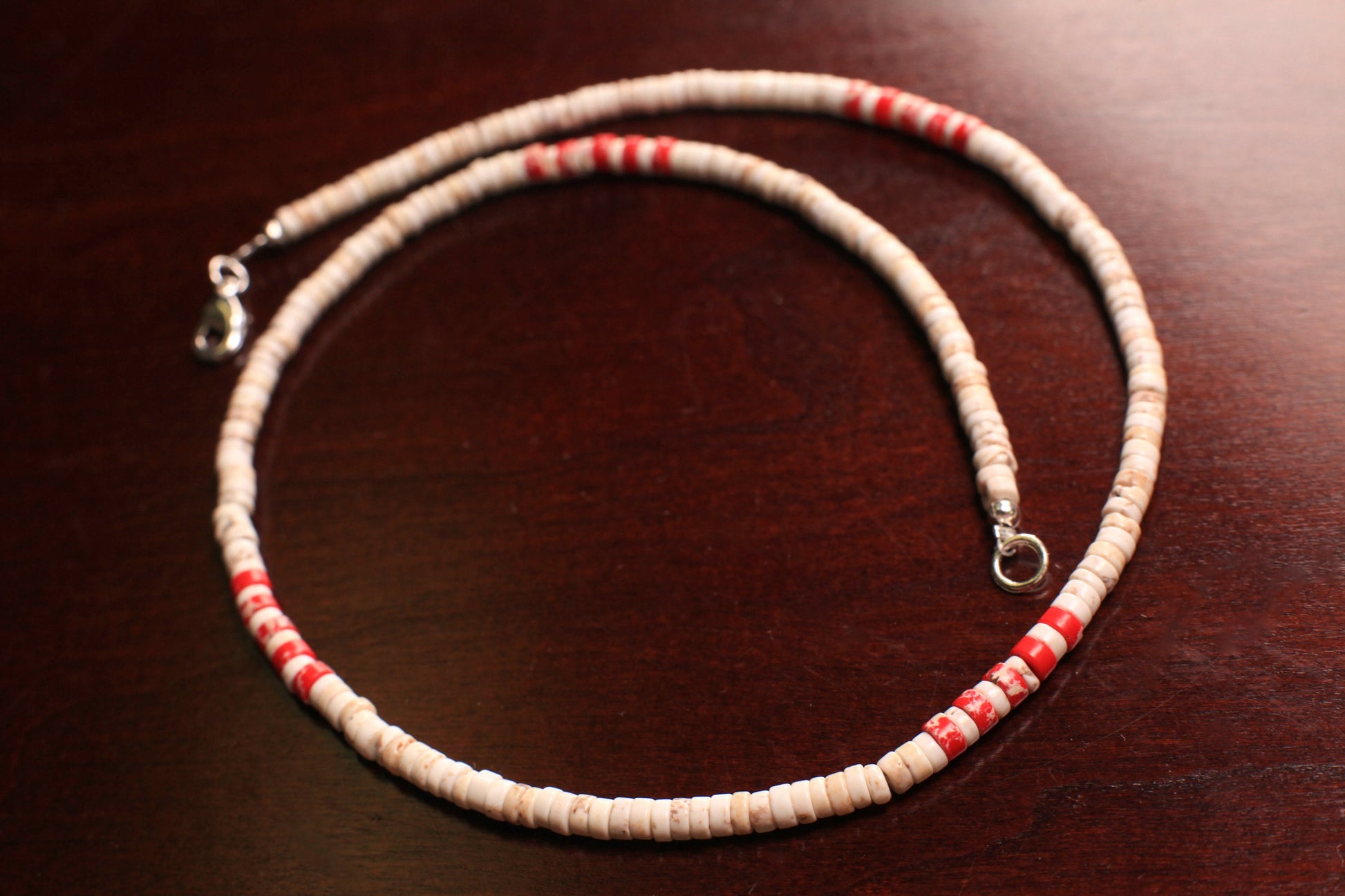 White Turquoise 4mm Heishi with Red Magnasite spacer Silver Necklace, for Man and Woman.