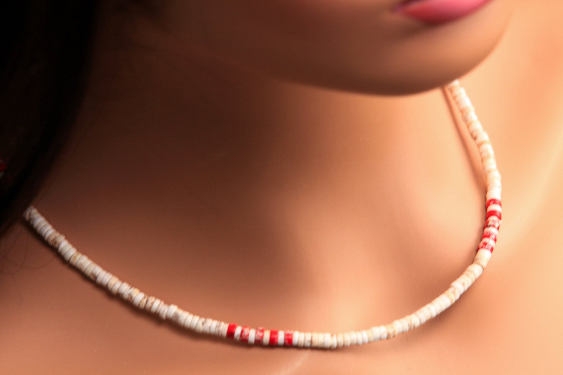 White Turquoise 4mm Heishi with Red Magnasite spacer Silver Necklace, for Man and Woman.