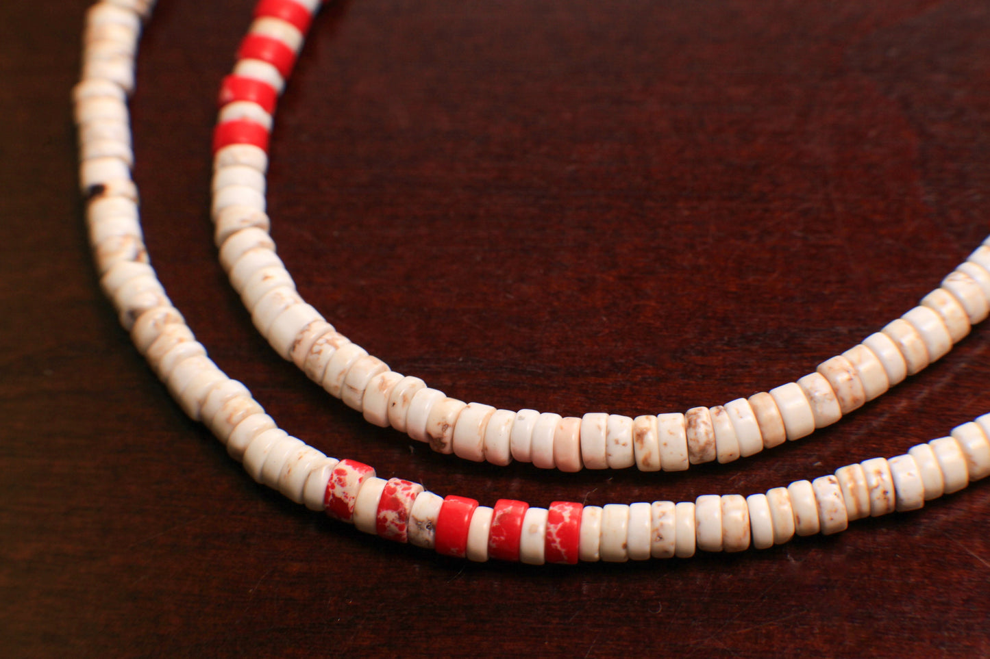 White Turquoise 4mm Heishi with Red Magnasite spacer Silver Necklace, for Man and Woman.