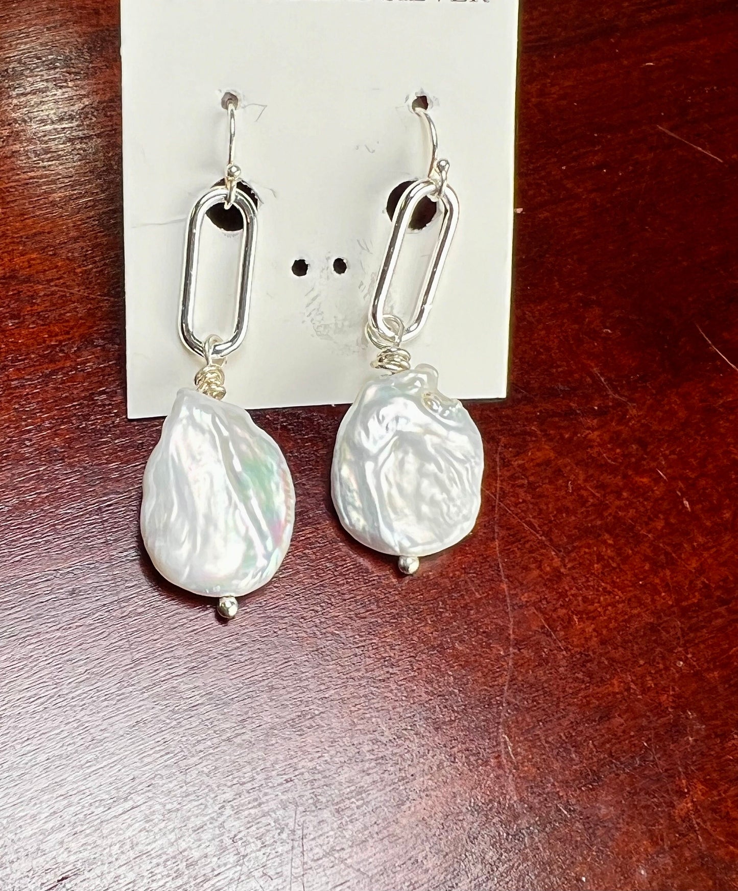 Natural Freshwater Coin Pearl 18mm large size Dangling Paper Clip Link 925 Sterling Silver Earrings