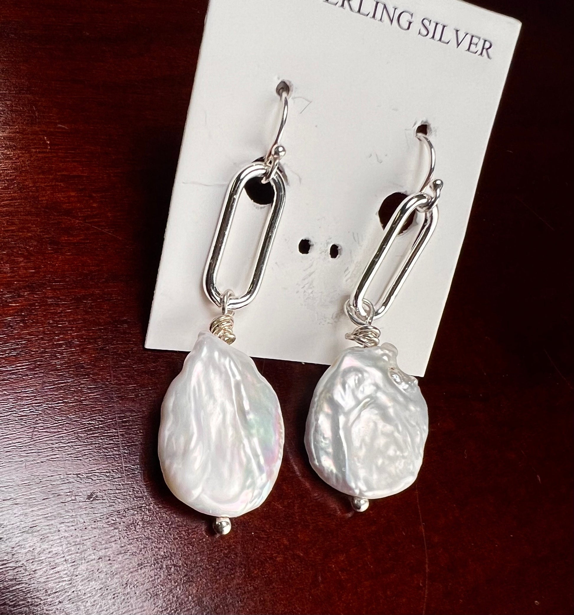 Natural Freshwater Coin Pearl 18mm large size Dangling Paper Clip Link 925 Sterling Silver Earrings