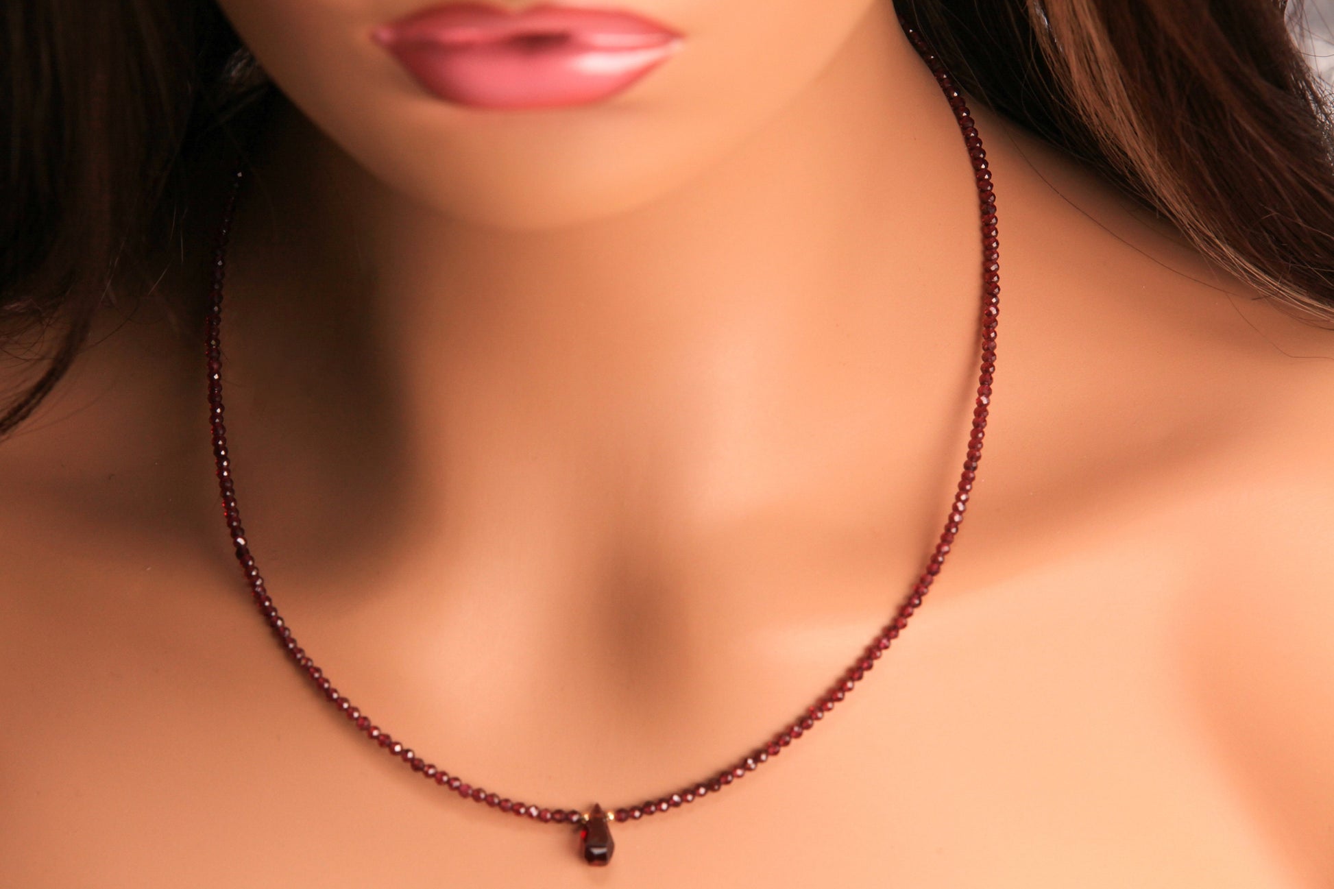 Mozambique Garnet 2.5mm Faceted Round Choker Layering Necklace with genuine garnet pendant in14k goldfilled January Birthstone, Woman Gift