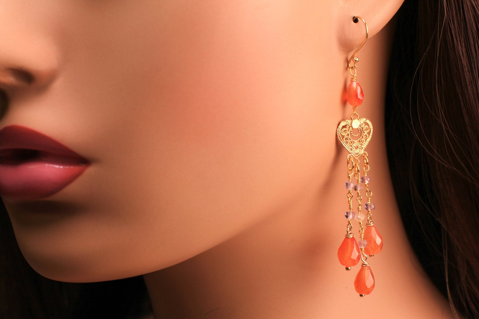 Genuine Carnelian Dangling Faceted Briolette 7x10-11mm Teardrop with Pink Topaz Spacers Chandelier Heart Gold Vermeil Earrings