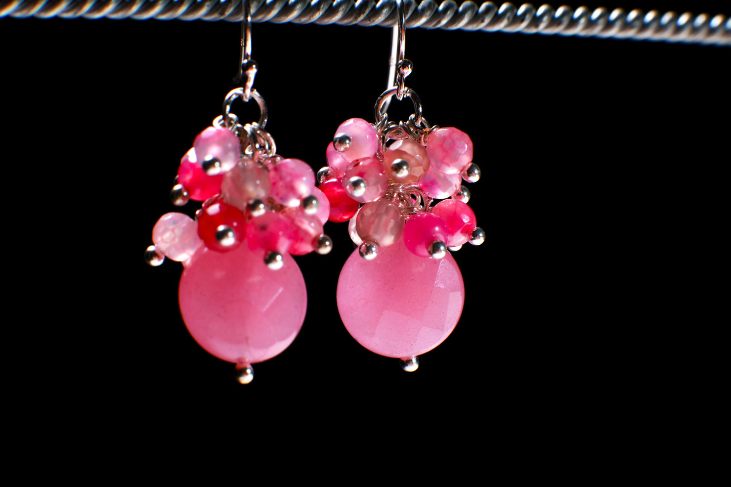 Natural Fire Agate Wire Wrapped Clusters Dangling Hot Pink Fuchsia Coin Shape in 925 Sterling Silver Earwire Earrings, Handmade gift for her