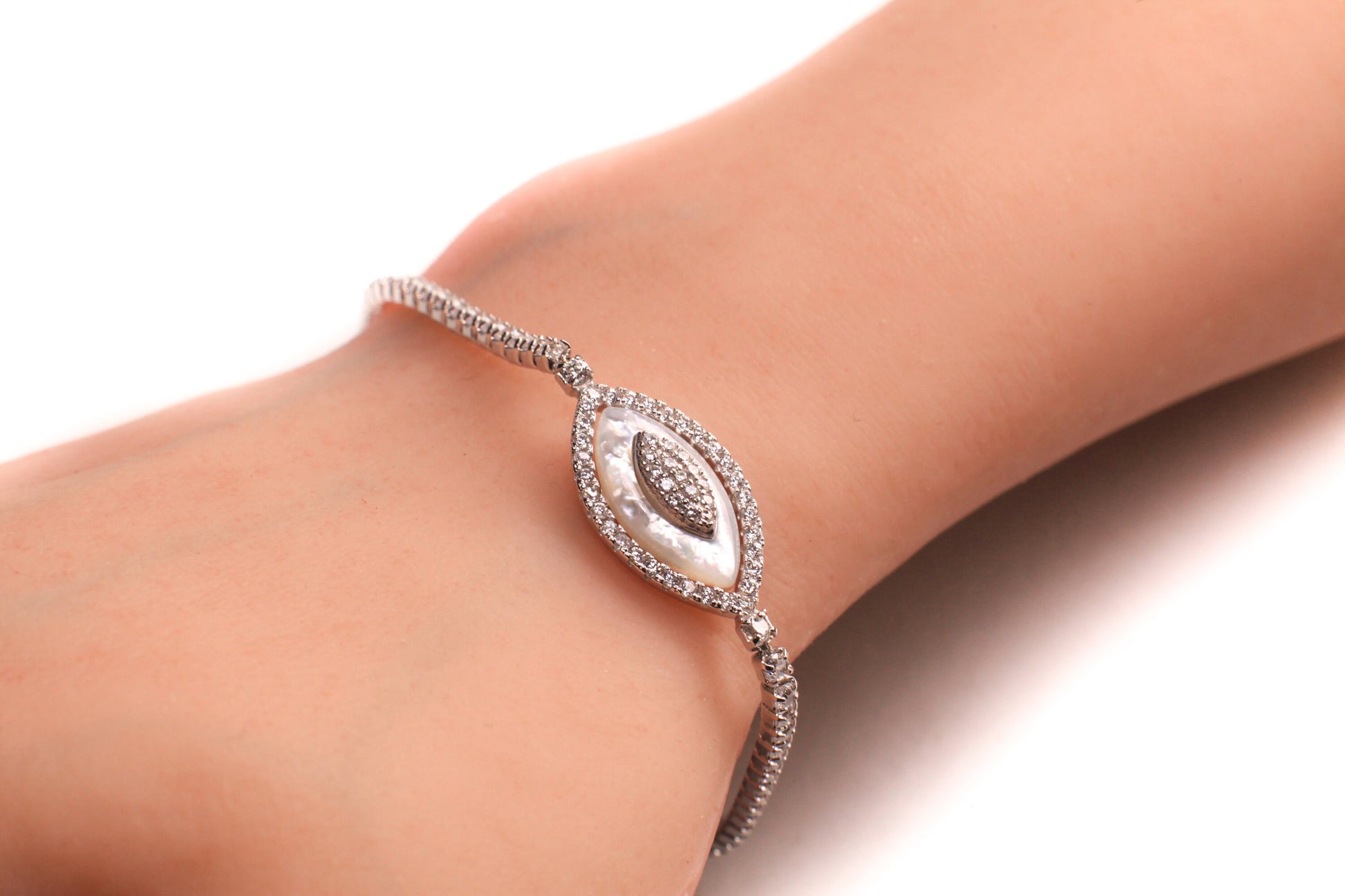 Genuine Mother of Pearl CZ Diamond Evil Eye Charm and CZ Diamond Prong setting 925 Sterling silver Tennis Bracelet. Protection from Evil eye