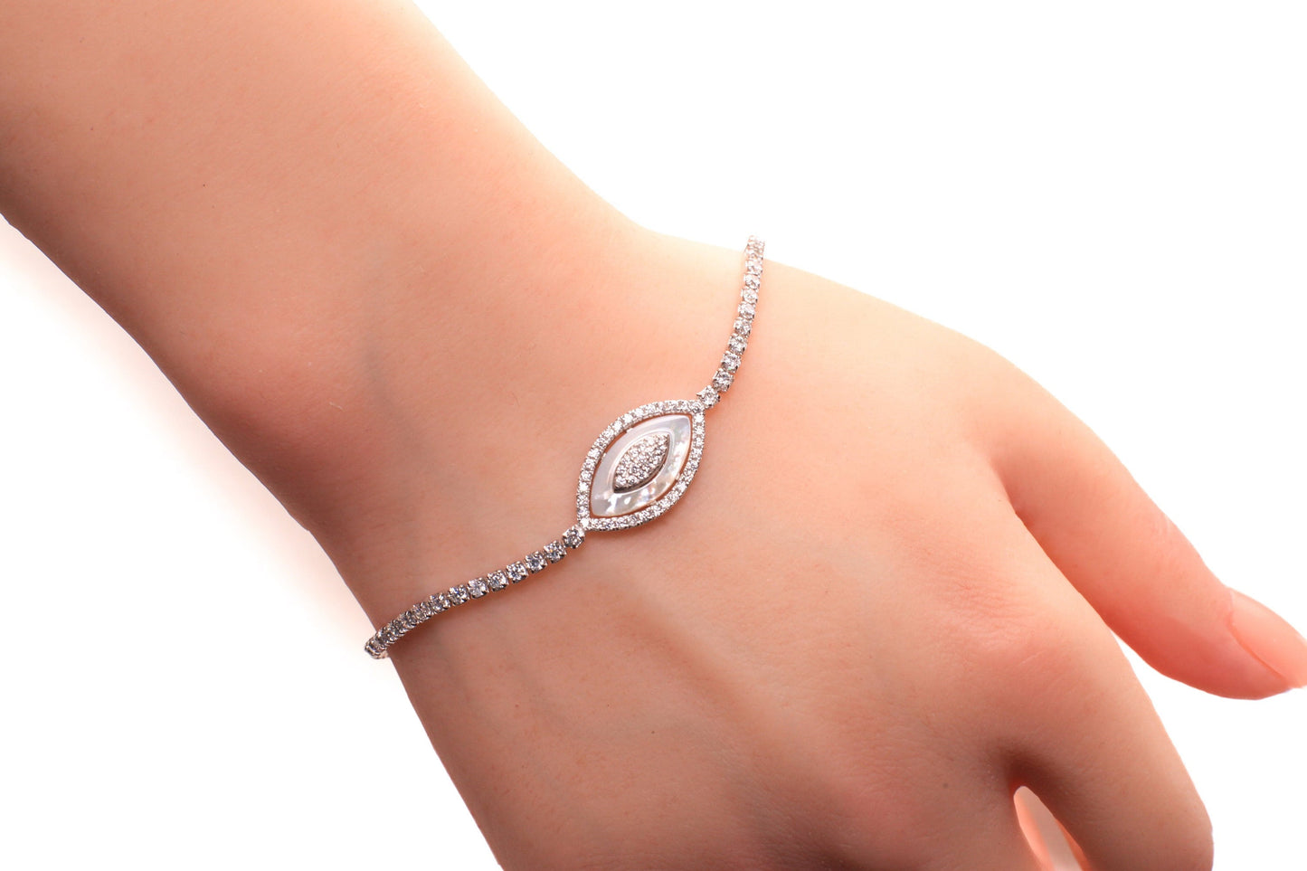 Genuine Mother of Pearl CZ Diamond Evil Eye Charm and CZ Diamond Prong setting 925 Sterling silver Tennis Bracelet. Protection from Evil eye