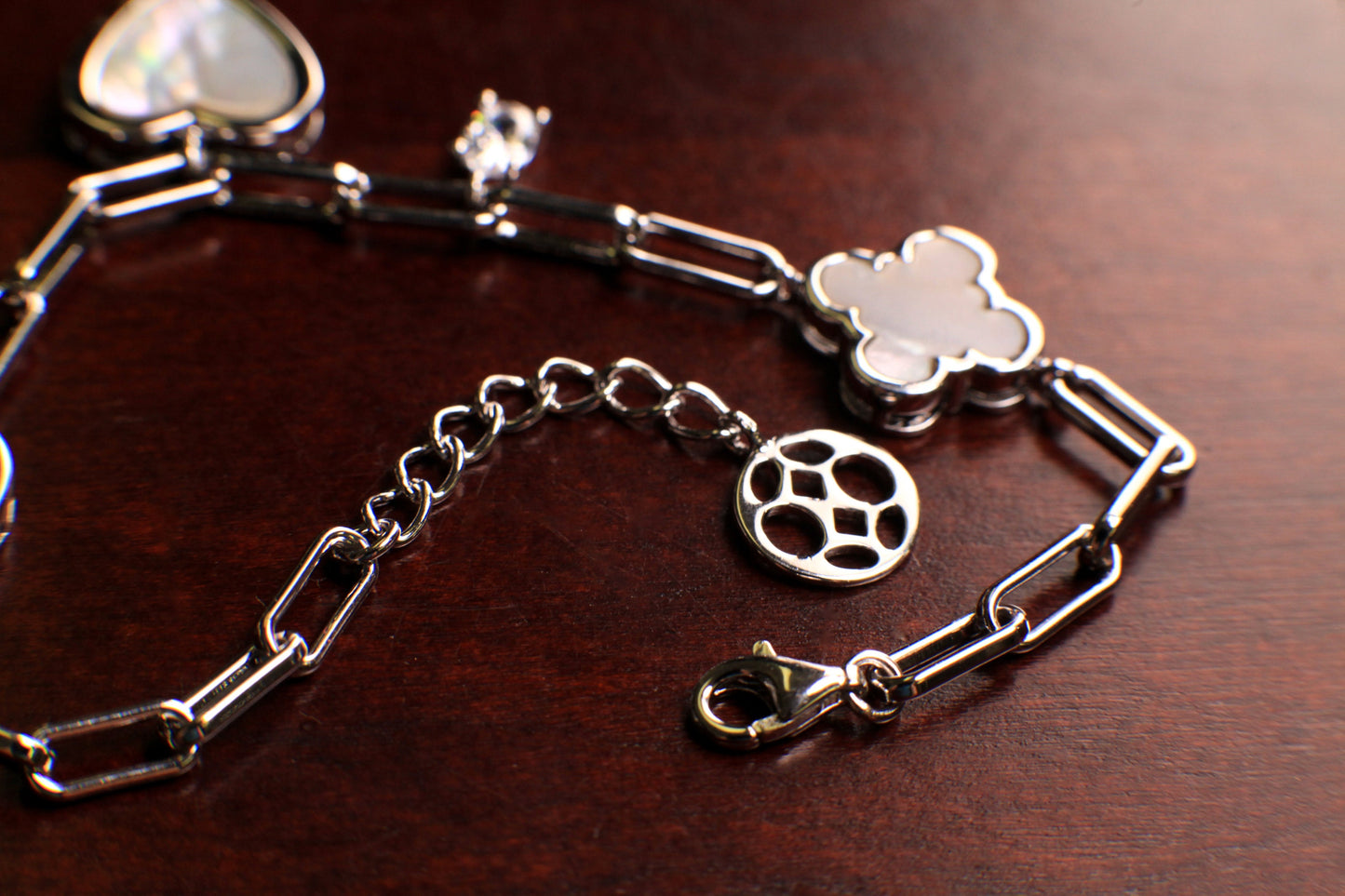 Solid 925 Sterling Silver Mother of Pearl Lucky Charm Heart Paperclip Chain CZ diamond Adjustable 6.5”to 7.5" bracelet, energy, Chakra, love