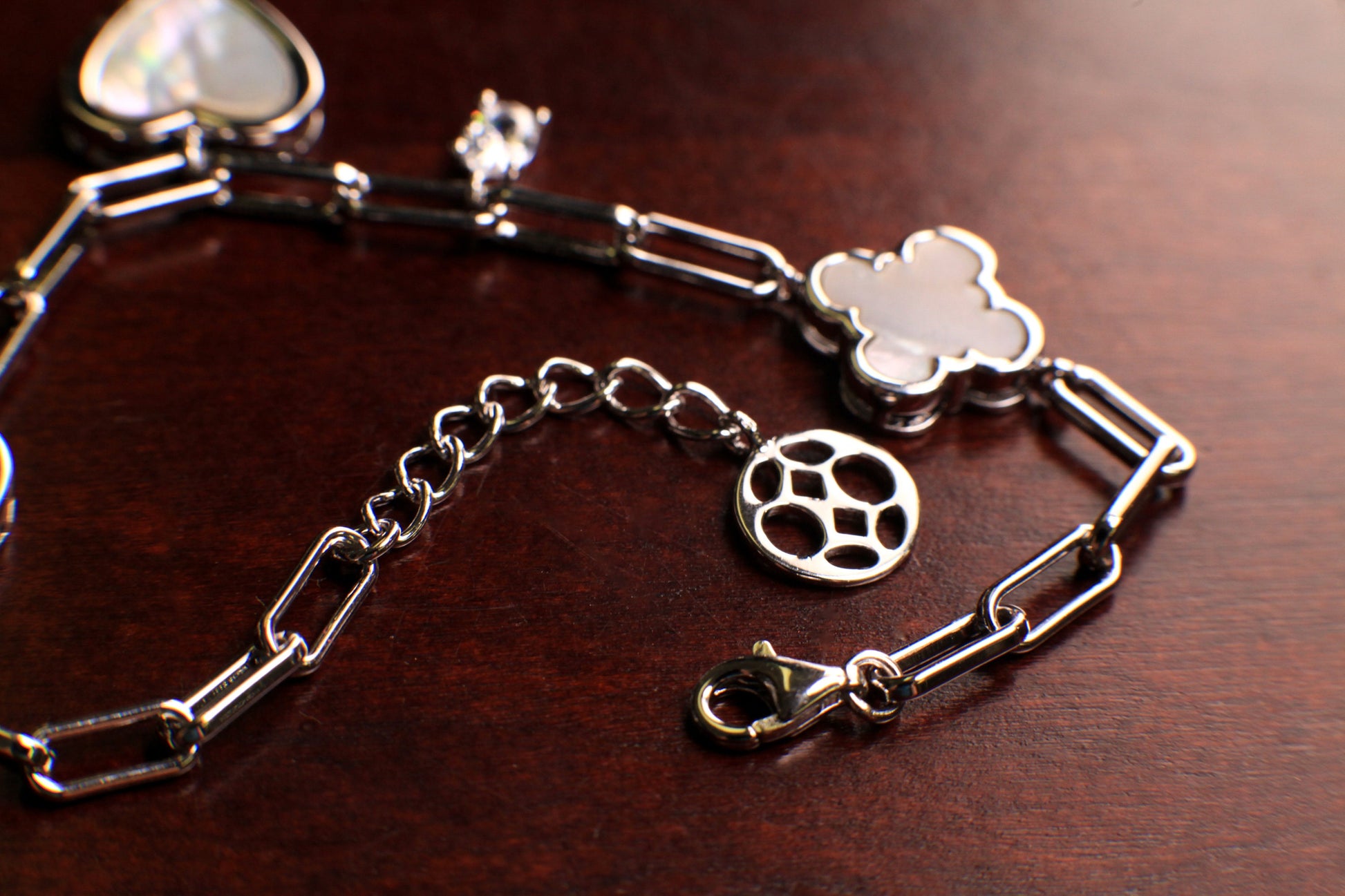 Solid 925 Sterling Silver Mother of Pearl Lucky Charm Heart Paperclip Chain CZ diamond Adjustable 6.5”to 7.5" bracelet, energy, Chakra, love