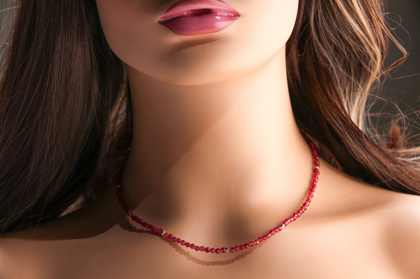 Red Onyx 4mm Faceted Round Choker Necklace with Gold or Silver Diamond Cut Spacer