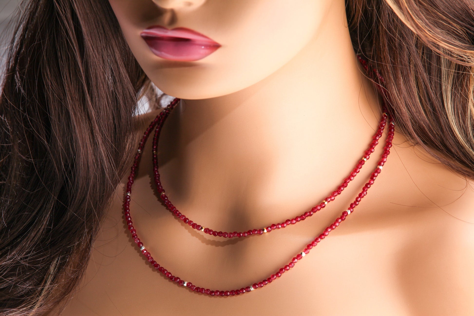Red Onyx 3mm Faceted Round Choker Necklace with Gold or Silver Diamond Cut Spacer