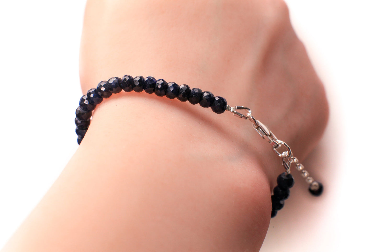 Natural Sapphire blue 4.5-5mm Faceted Rondelle Bracelet in 925 Sterling Silver Clasp and 1" Extension Chain, September Birthstone