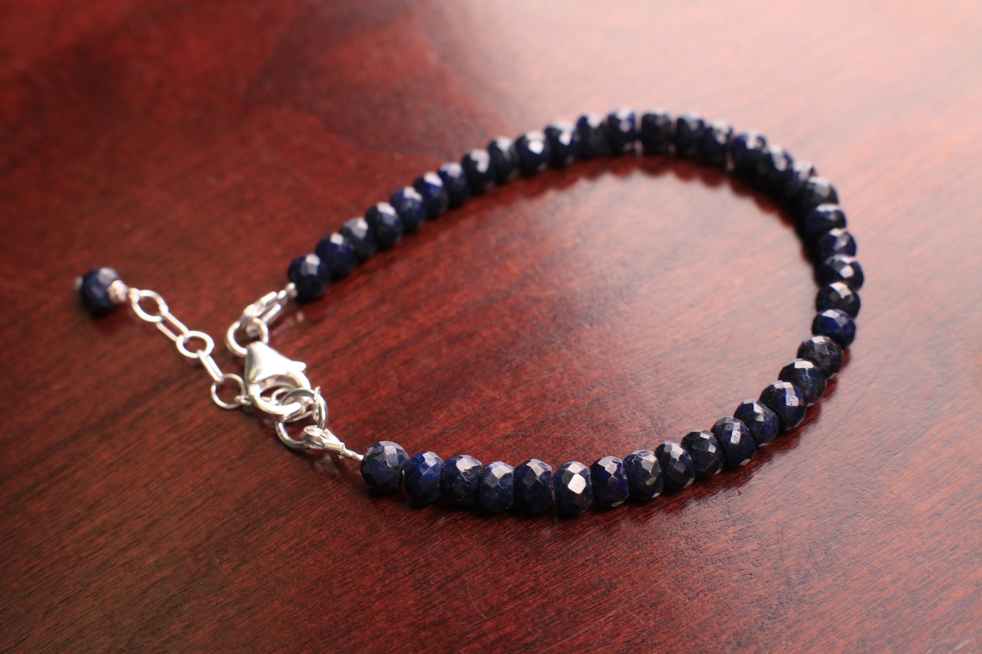 Natural Sapphire blue 4.5-5mm Faceted Rondelle Bracelet in 925 Sterling Silver Clasp and 1" Extension Chain, September Birthstone