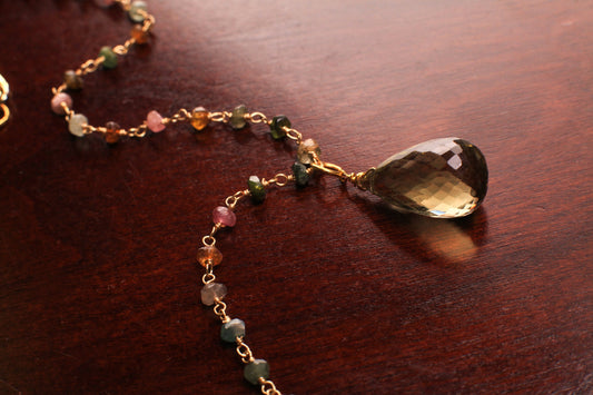 Natural Whiskey Quartz pear drop Wire Wrapped Briolette Dangle on Multi Tourmaline gold beaded chain Handmade Necklace Gift