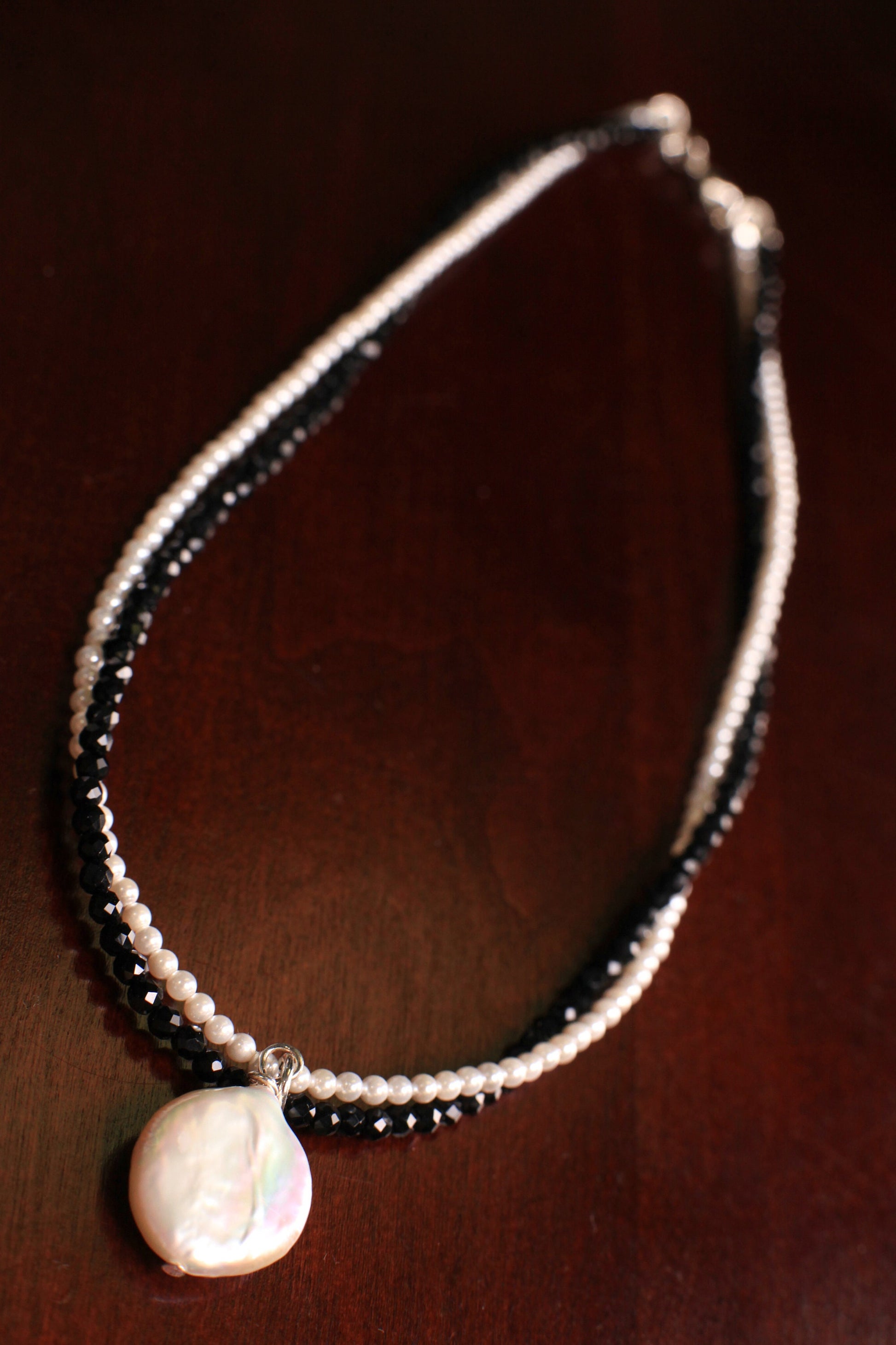 Genuine Black Spinel 3mm faceted and Freshwater Pearl 3mm dangling Coin Pearl pendant necklace. Double line necklace