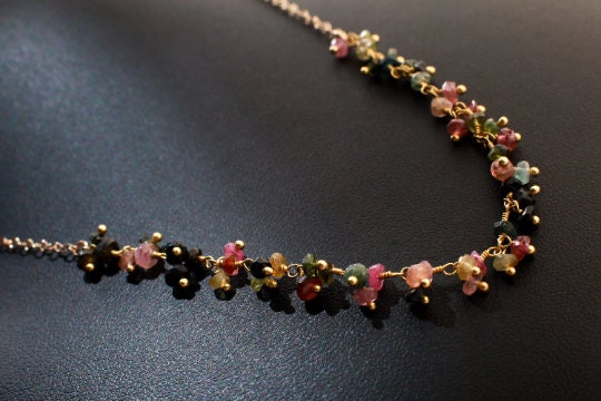 Genuine Watermelon multi Tourmaline Wire Wrapped Clusters Necklace in 14K Gold Filled Chain, Clasp, Valentine Gift