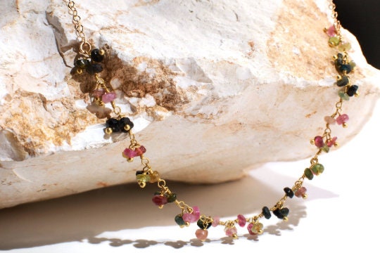 Genuine Watermelon multi Tourmaline Wire Wrapped Clusters Necklace in 14K Gold Filled Chain, Clasp, Valentine Gift