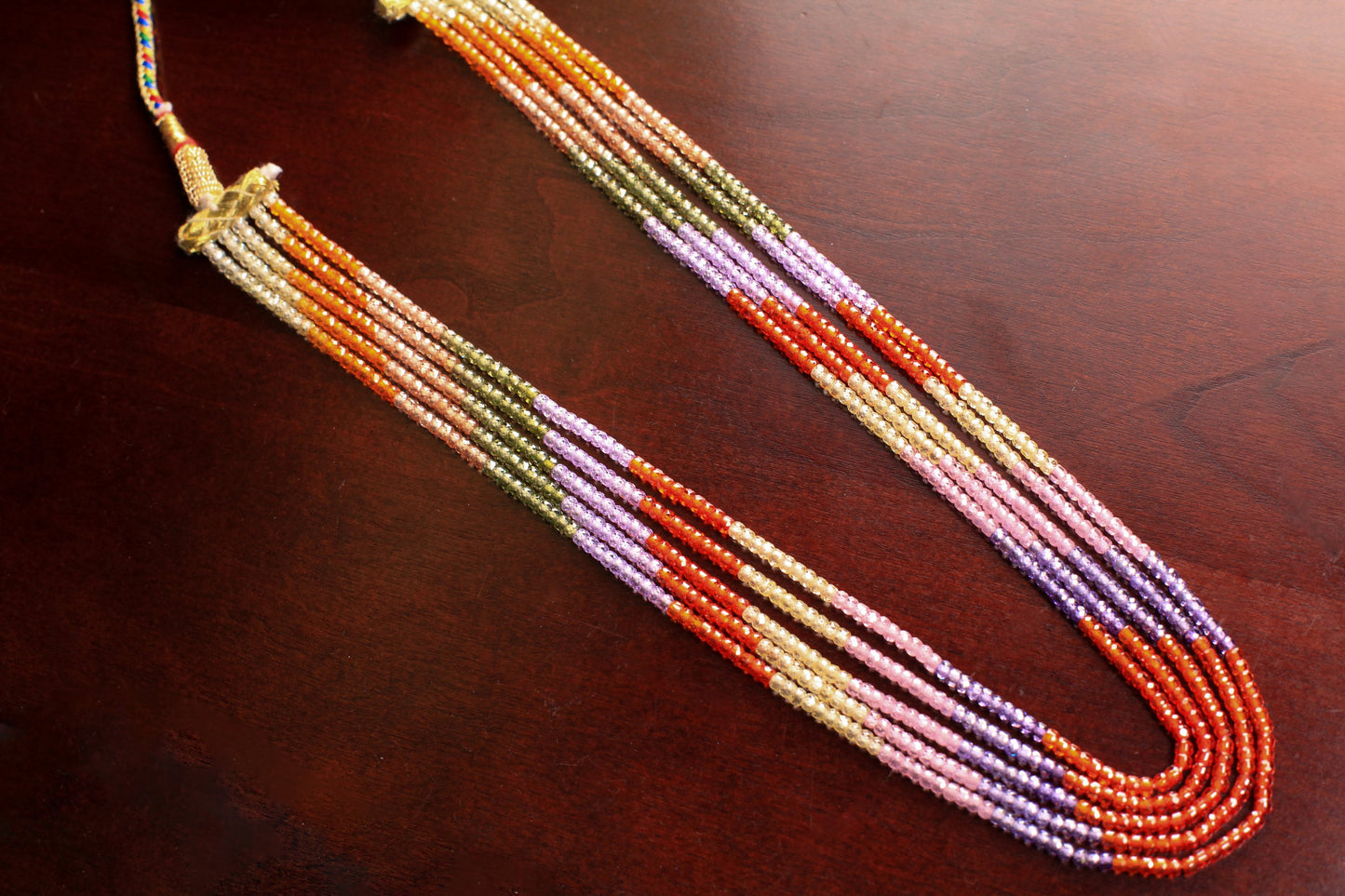 Cubic Zirconia CZ Multi Shaded 5 Strands 20” Necklace Plus 9" Adjustable Thread. Beautiful Sunset Ombre orange yellow purple green disco