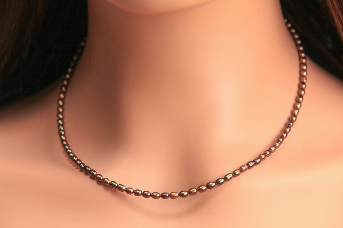 Natural Freshwater bronze color Pearl 4x6 Rice Oval AAA high luster pearl in gold clasp Necklace, Choker, Layering, Minimalist
