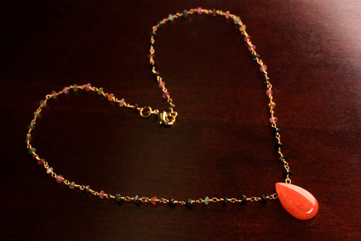 Natural Multi Tourmaline wire wrapped chain and Orange Carnelian long drop pendant 18k gold vermeil handmade necklace