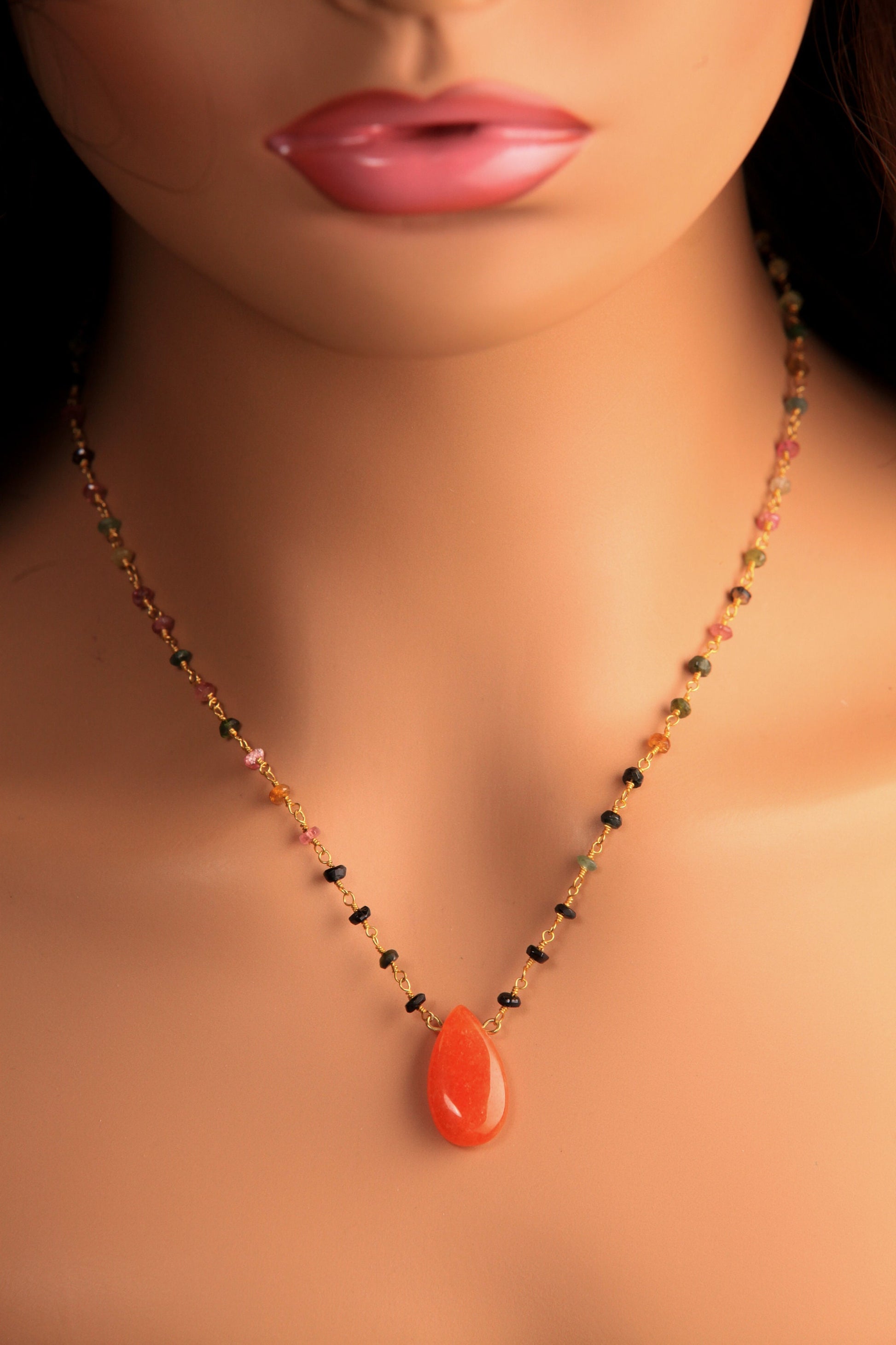 Natural Multi Tourmaline wire wrapped chain and Orange Carnelian long drop pendant 18k gold vermeil handmade necklace