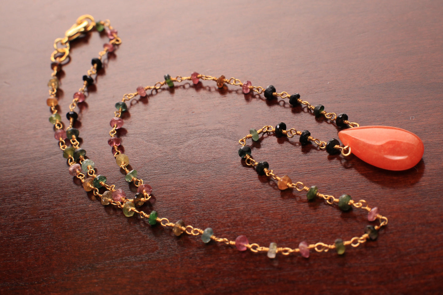 Natural Multi Tourmaline wire wrapped chain and Orange Carnelian long drop pendant 18k gold vermeil handmade necklace