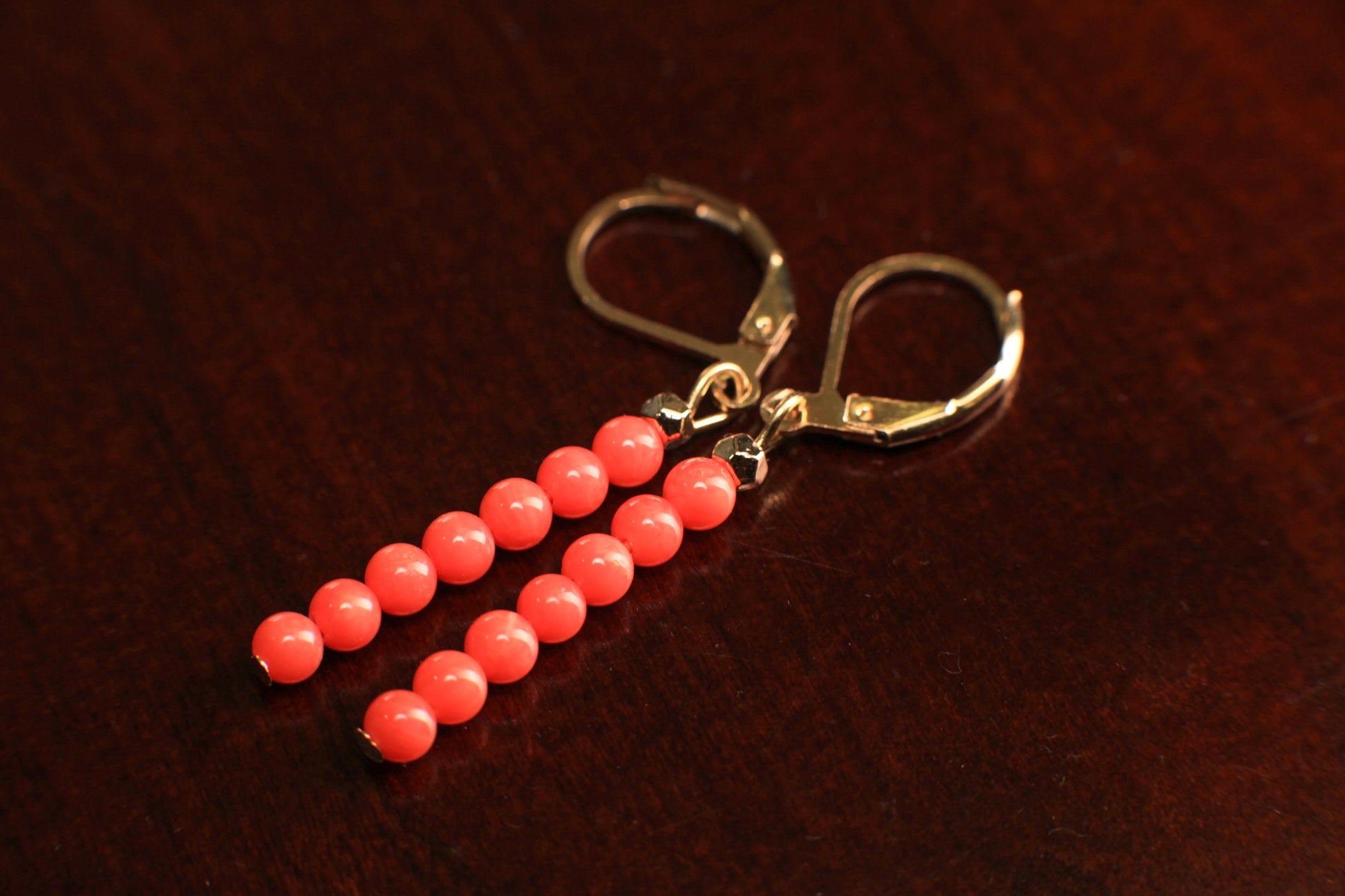 Genuine Salmon Pink Coral 4mm Round beaded Handmade Gold Bar Earrings