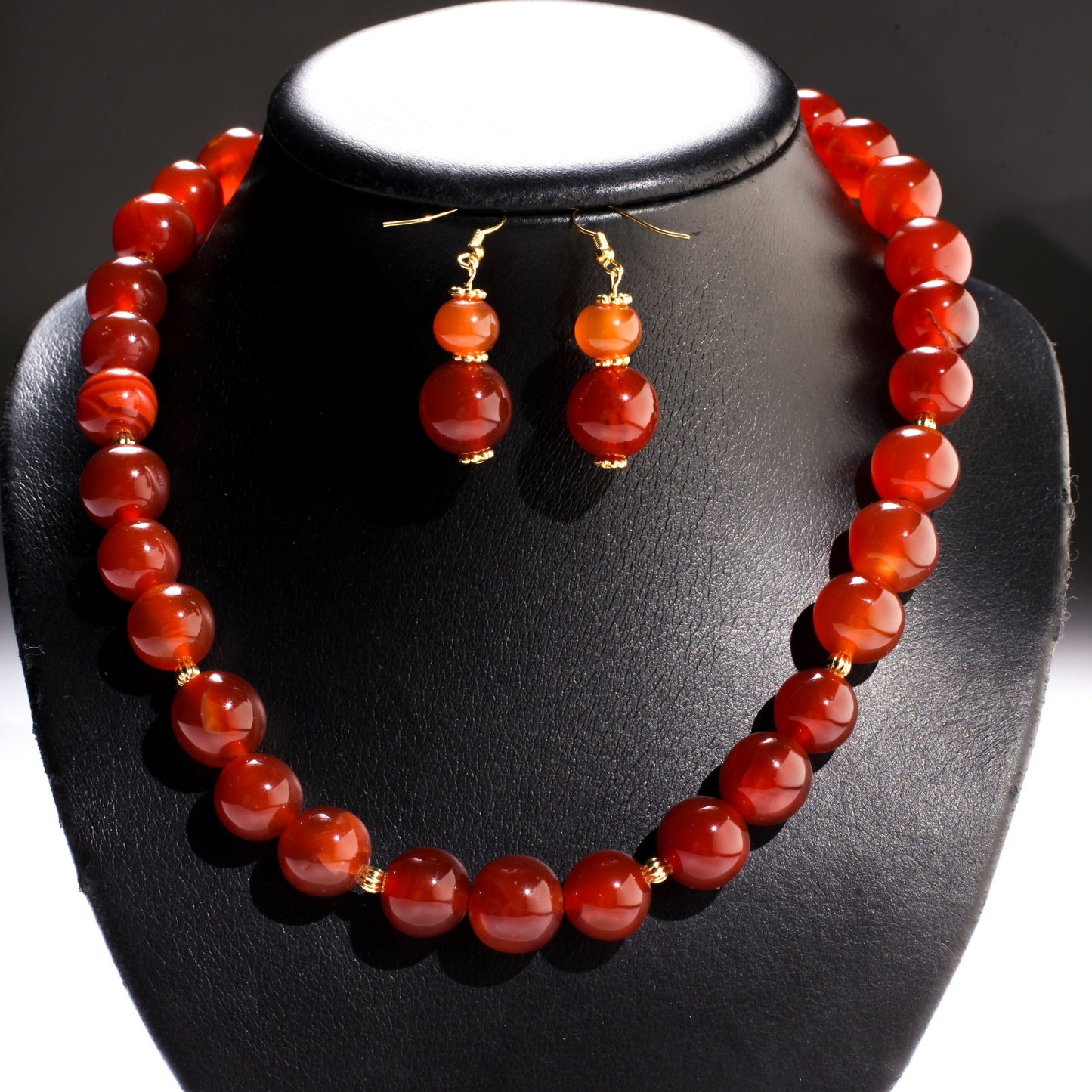 Natural Carnelian Agate Necklace Earrings Set, 14mm smooth Round with Matching Earrings Healing Gemstones