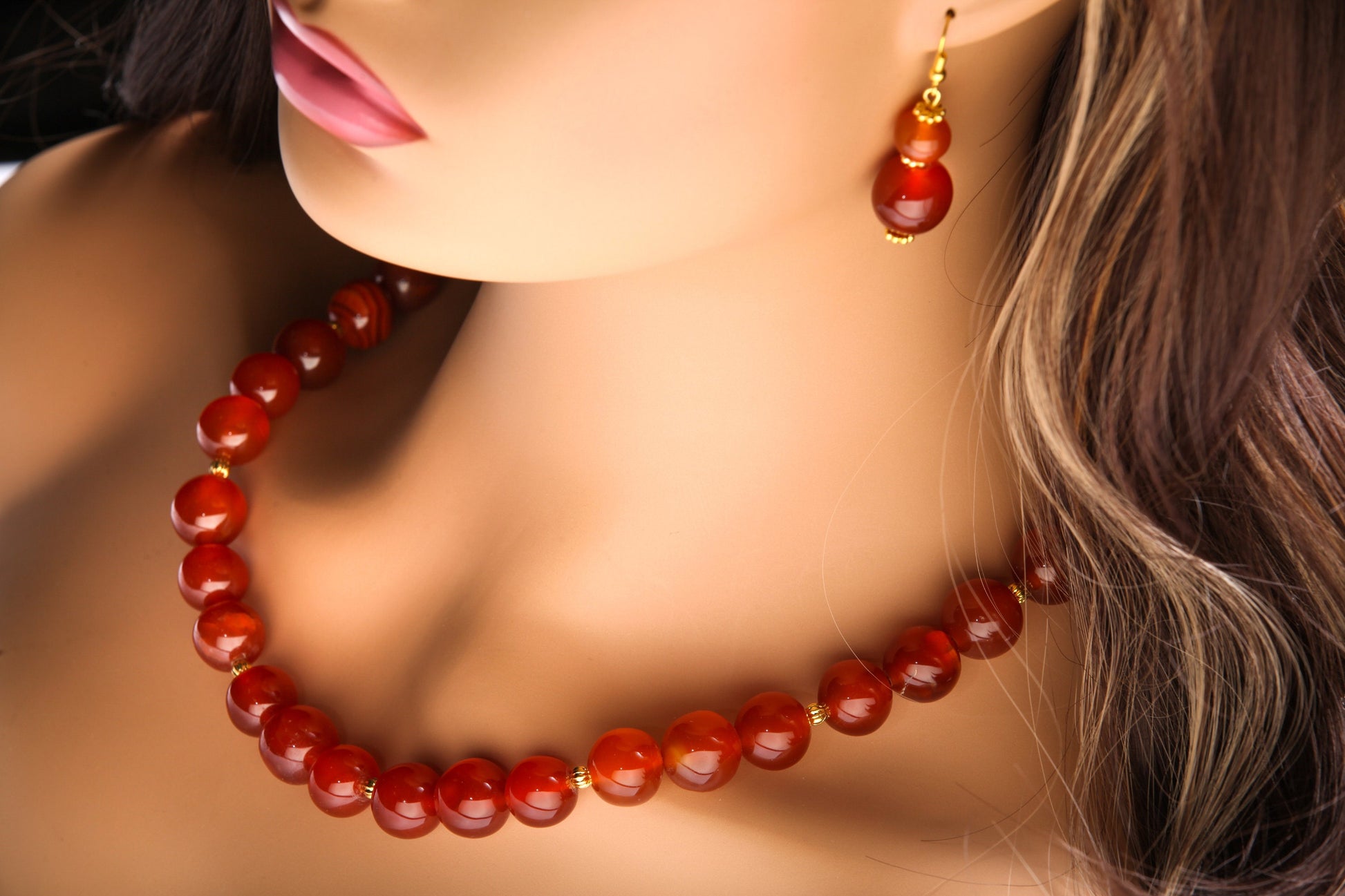 Natural Carnelian Agate Necklace Earrings Set, 14mm smooth Round with Matching Earrings Healing Gemstones