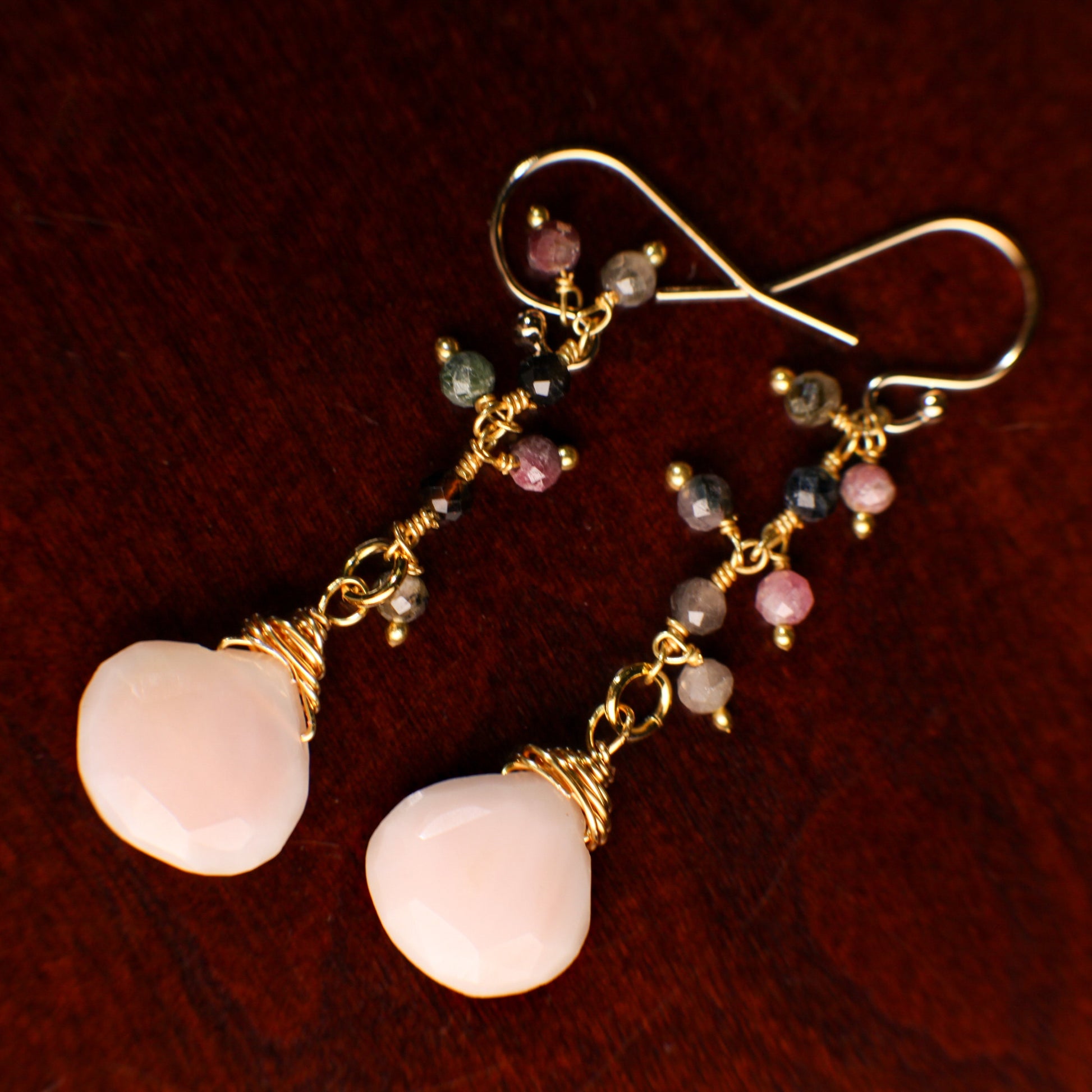 Pink Peruvian Opal Wire Wrapped 12mm Heart Teardrop, Watermelon Tourmaline Dangling Earring, Pink Opal Briolette in 14K Gold Filled Ear Wire