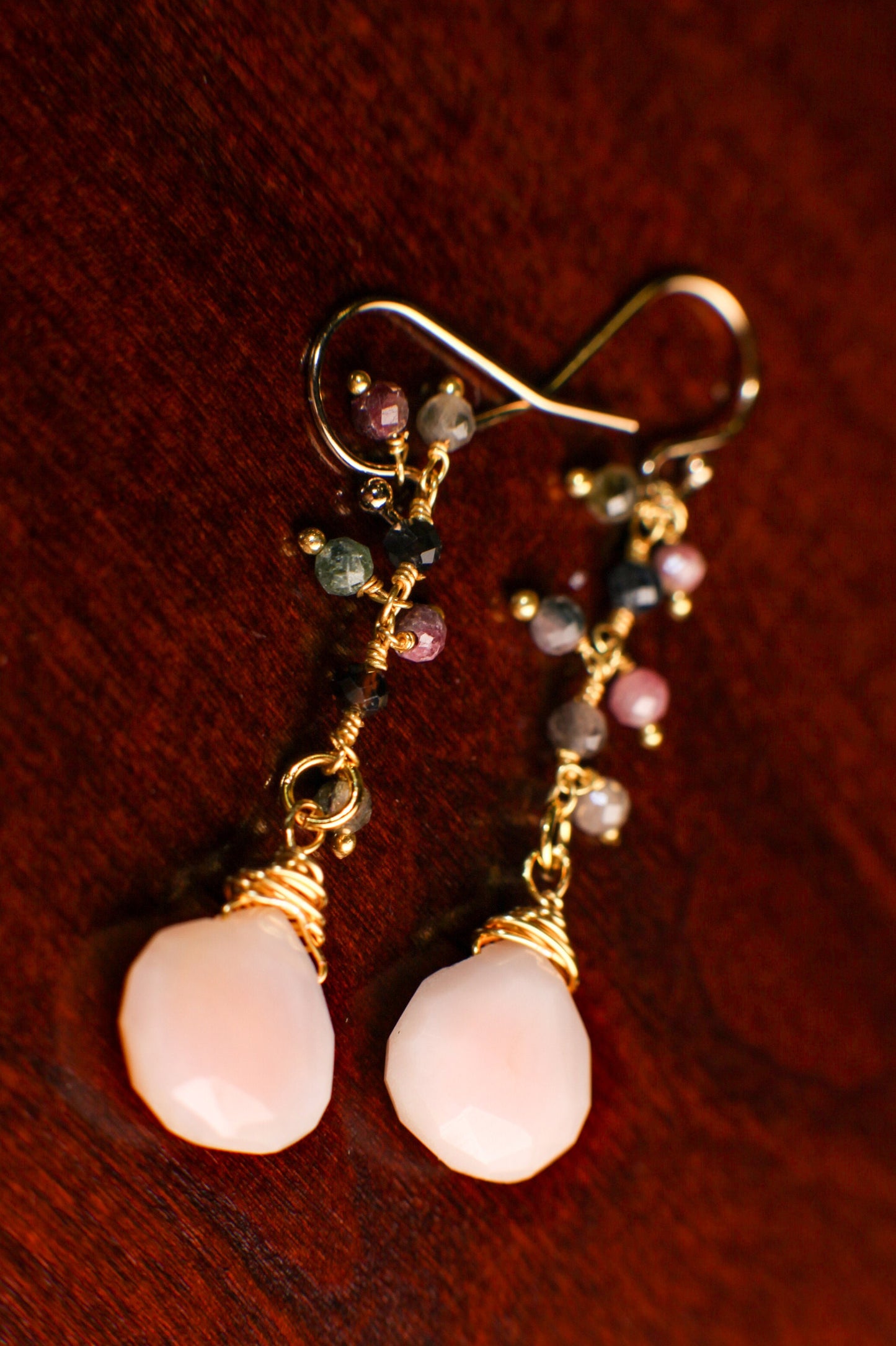 Pink Peruvian Opal Wire Wrapped 12mm Heart Teardrop, Watermelon Tourmaline Dangling Earring, Pink Opal Briolette in 14K Gold Filled Ear Wire