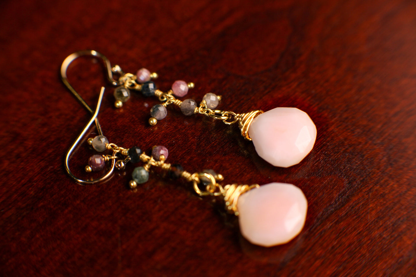 Pink Peruvian Opal Wire Wrapped 12mm Heart Teardrop, Watermelon Tourmaline Dangling Earring, Pink Opal Briolette in 14K Gold Filled Ear Wire