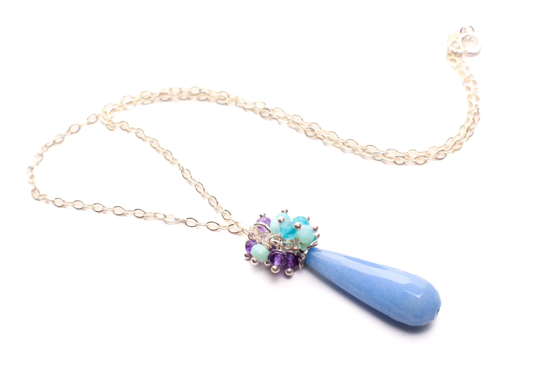 Periwinkle Blue Chalcedony Sky Blue color Jade long drop faceted cluster opal Amethyst Apatite 925 Sterling Silver Necklace.