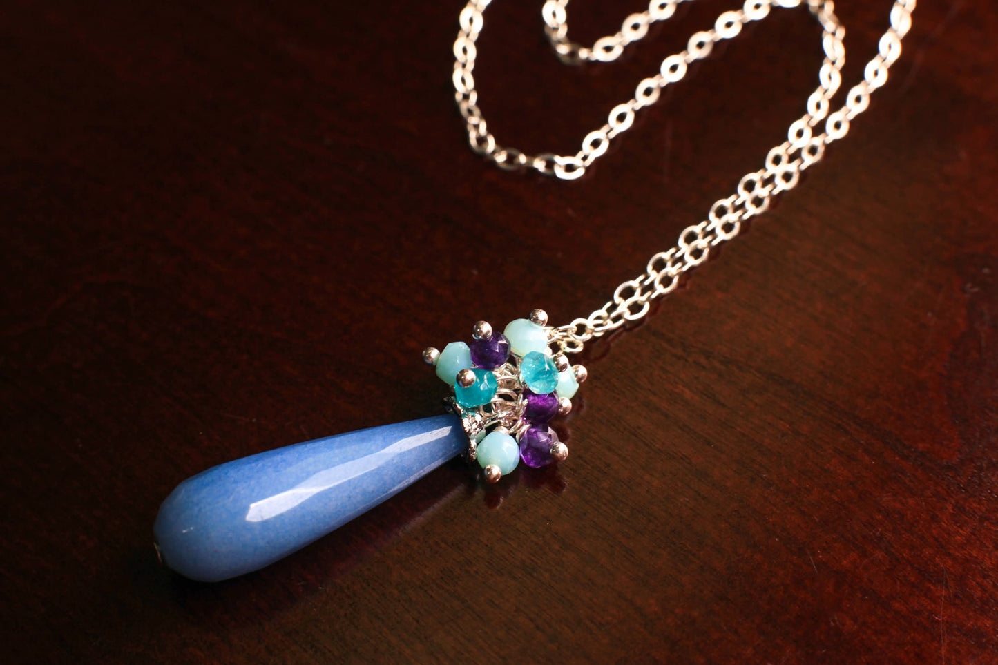 Periwinkle Blue Chalcedony Sky Blue color Jade long drop faceted cluster opal Amethyst Apatite 925 Sterling Silver Necklace.