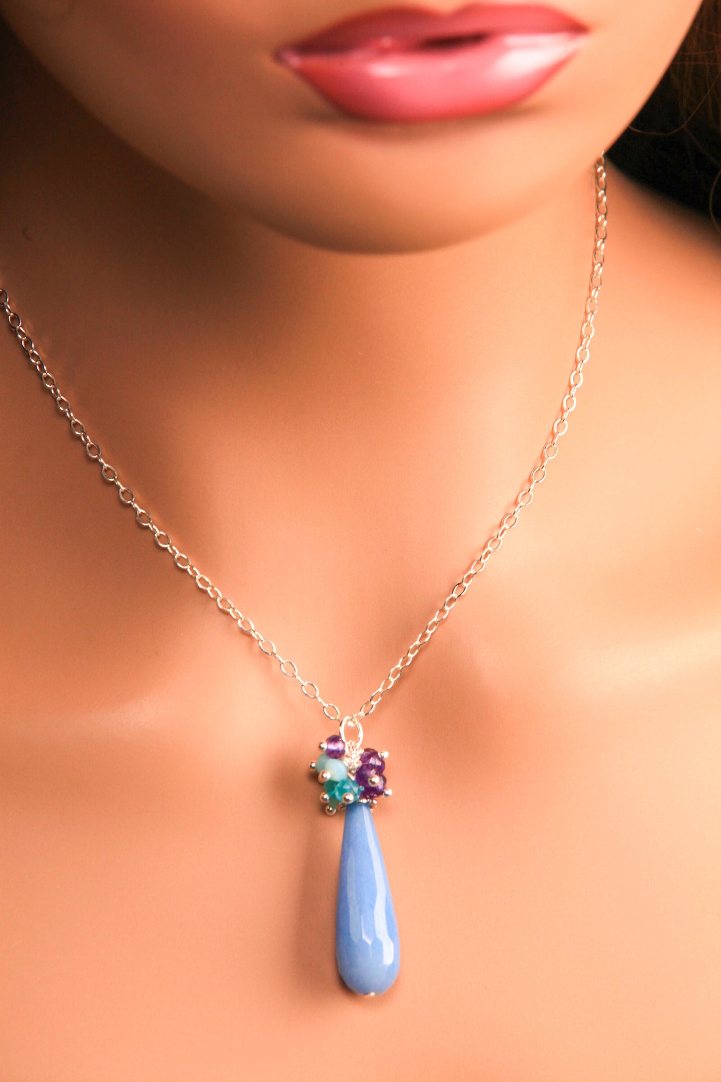 Periwinkle Blue Chalcedony Sky Blue color Jade long drop faceted cluster opal Amethyst Apatite 925 Sterling Silver Necklace.