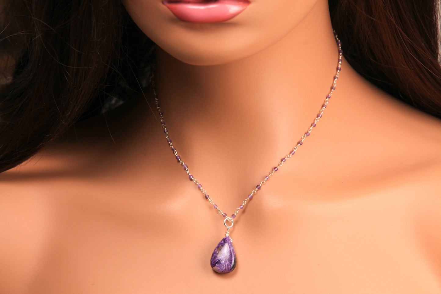 Natural Charolite smooth drop dangling pendant with natural Amethyst 3mm faceted wire wrapped rosary chain 925 star silver necklace