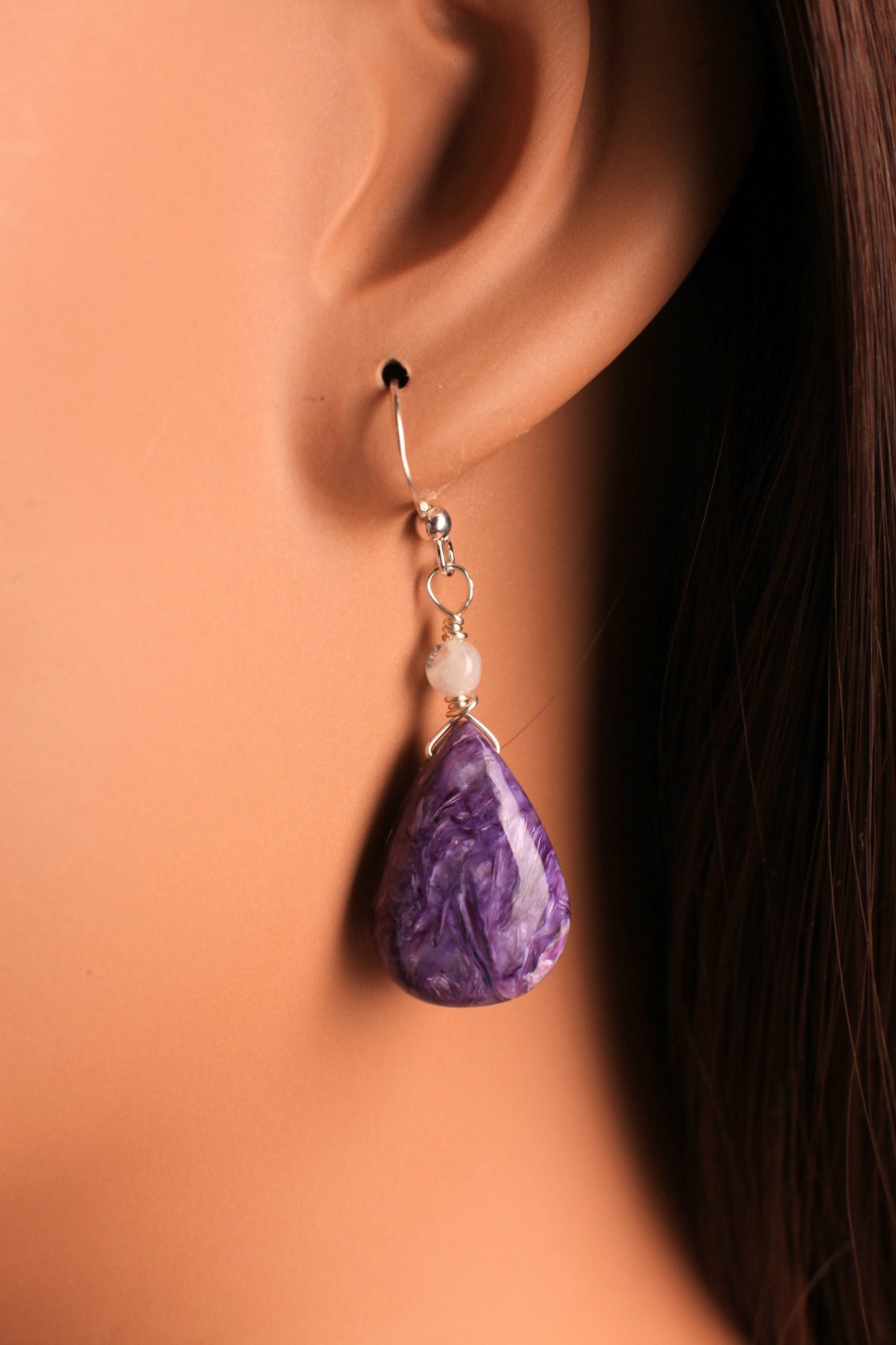 Natural Charolite smooth drop ,moonstone top spacer 925 sterling silver dangle earring. Beautiful rare AAA quality Rare Gemstone earring