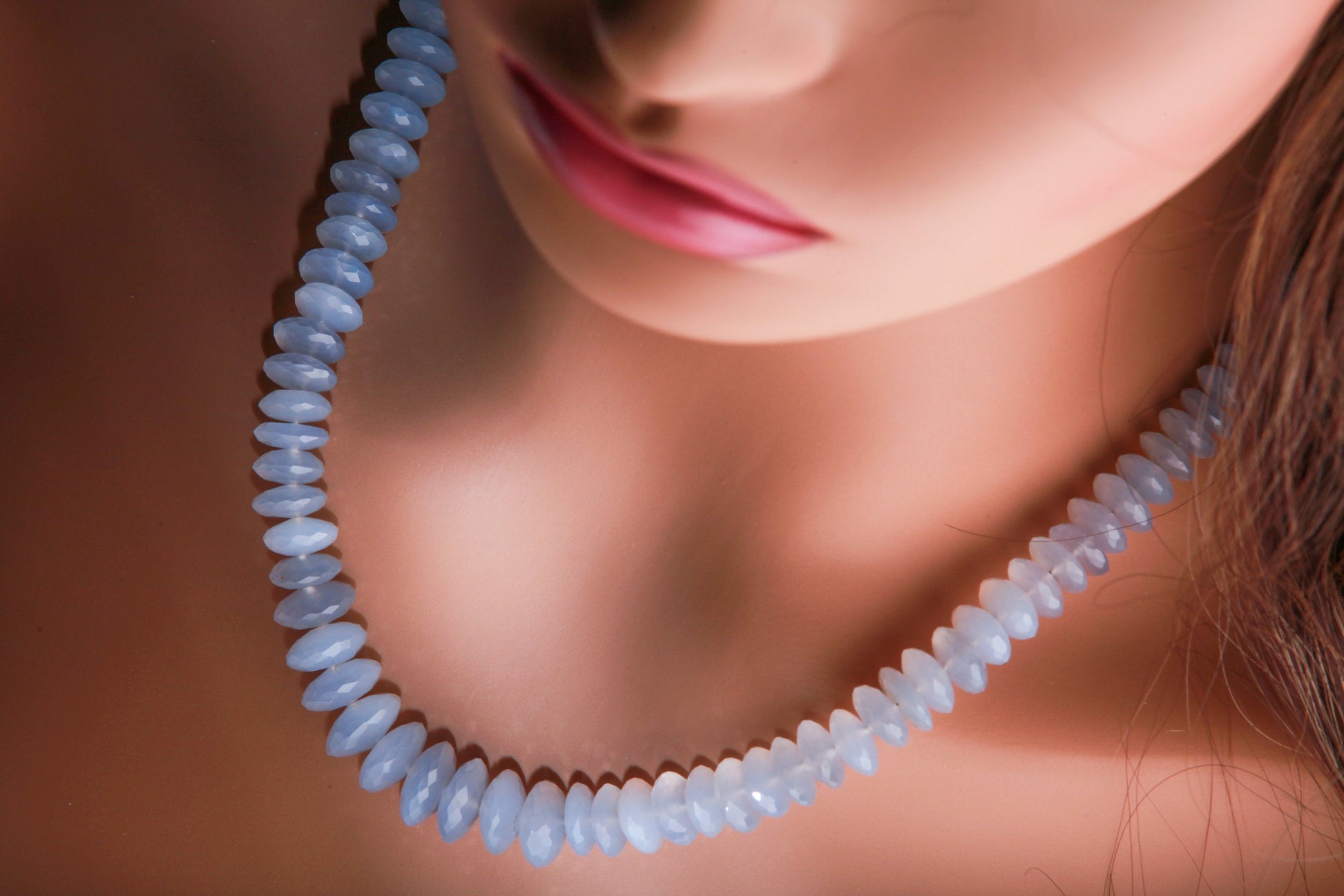 Natural Chalcedony sky blue AAA Quality German Cut Faceted Rondelle 7-12mm Graduated Necklace with 2.5" Extension Chain, precious gift.