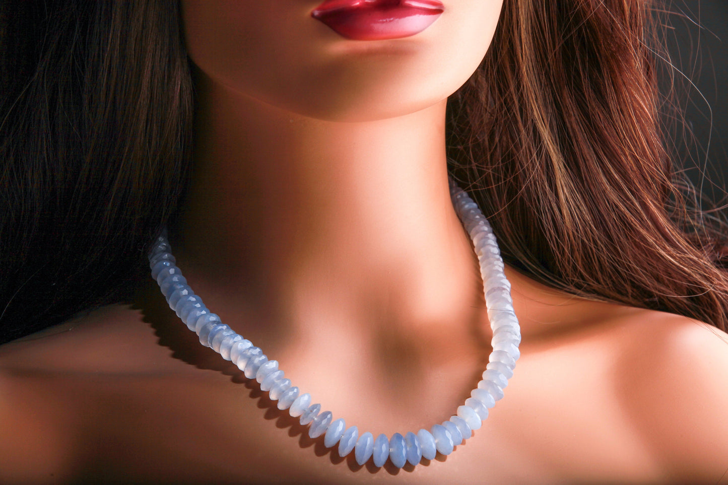 Natural Chalcedony sky blue AAA Quality German Cut Faceted Rondelle 7-12mm Graduated Necklace with 2.5" Extension Chain, precious gift.