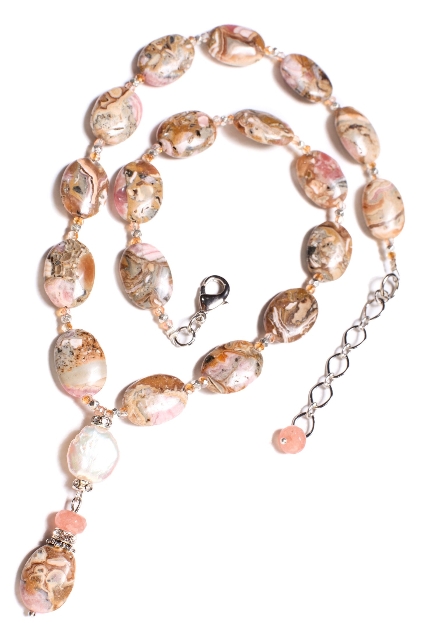 Natural Argentina Rhodochrosite Rare Gemstone 13x18mm Oval Necklace with Extended Chain Freshwater Coin Pearl accents pendant.18.5" plus 2"