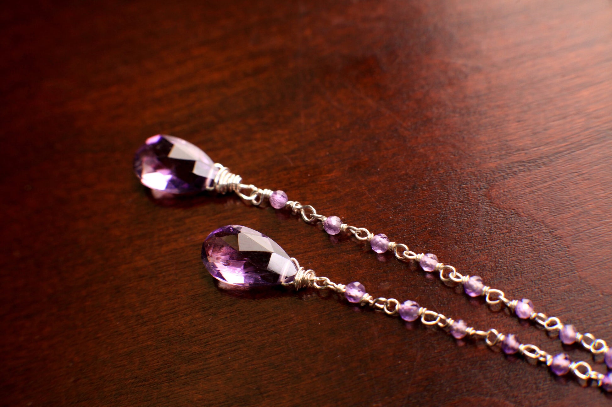 Natural Amethyst Faceted drop AAA quality dangling with Amerhyst beaded wire wrapped handmade Lariat necklace