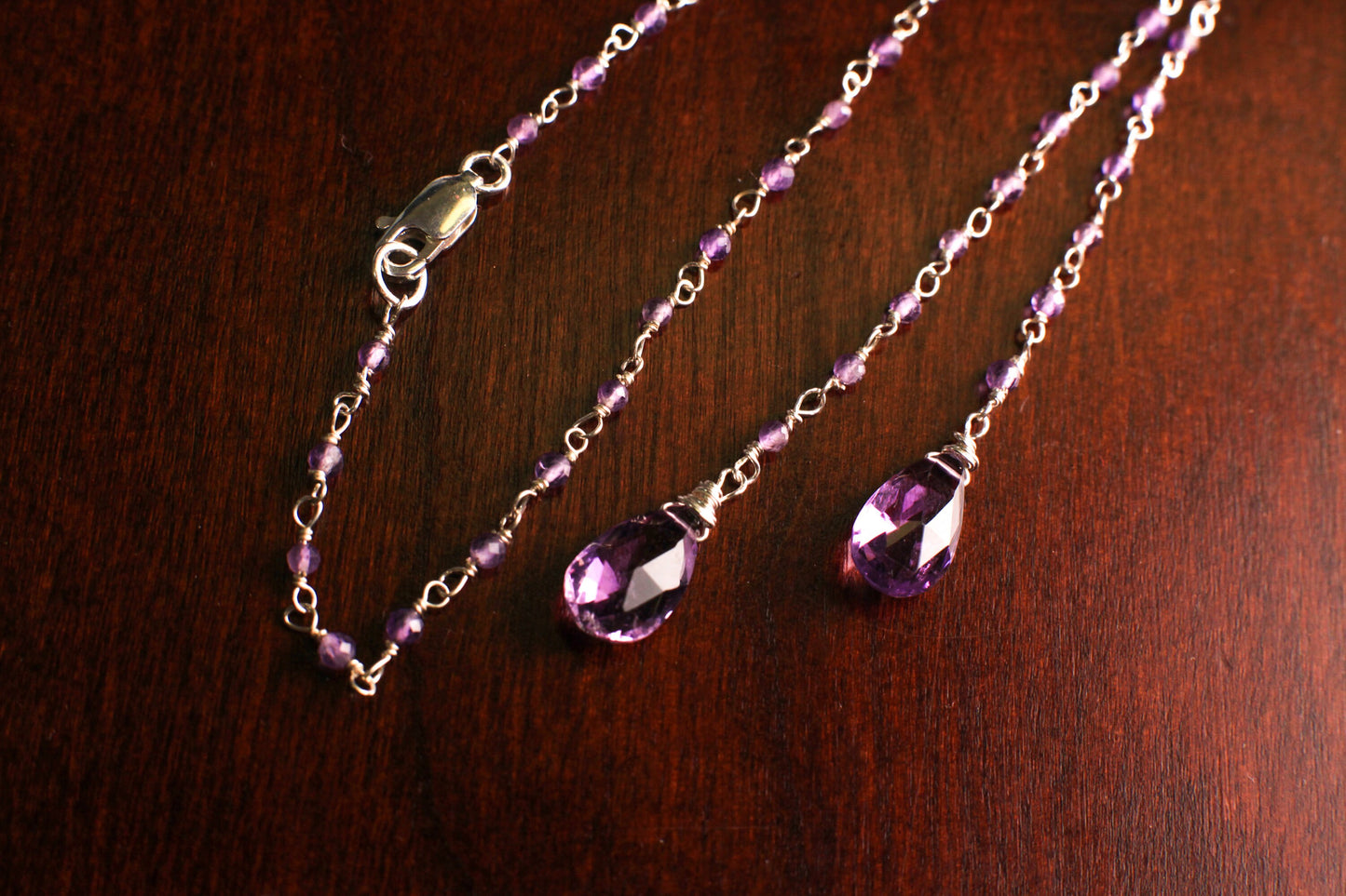 Natural Amethyst Faceted drop AAA quality dangling with Amerhyst beaded wire wrapped handmade Lariat necklace