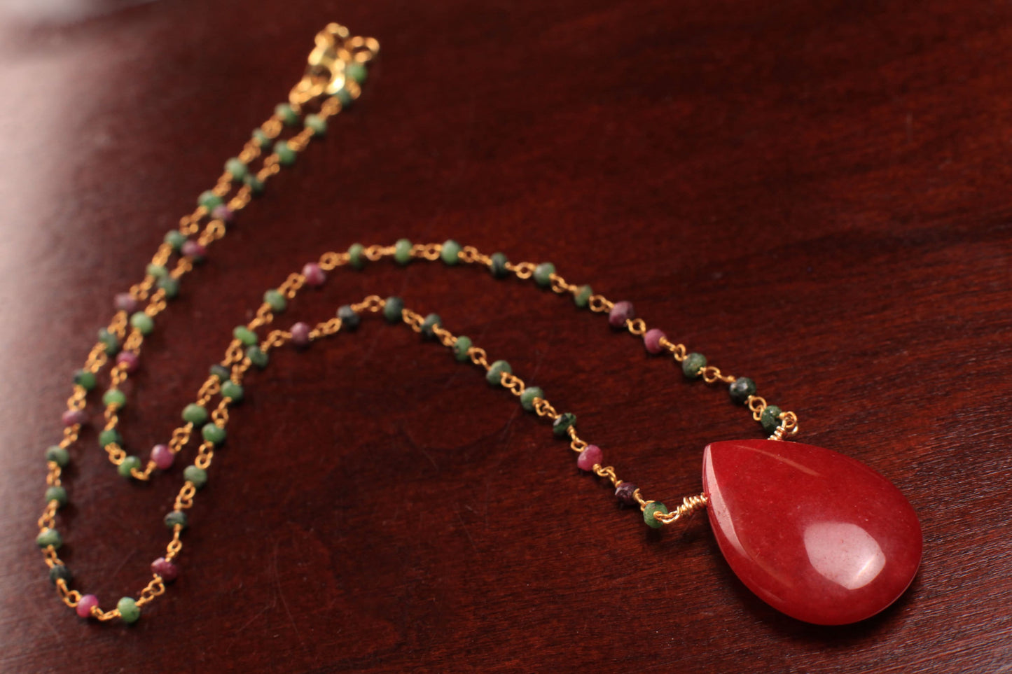 Ruby Zoisite Beaded Rosary Gold Chain Necklace with Ruby Jade 20x30mm Pear Drop Pendant 16-30" Necklace